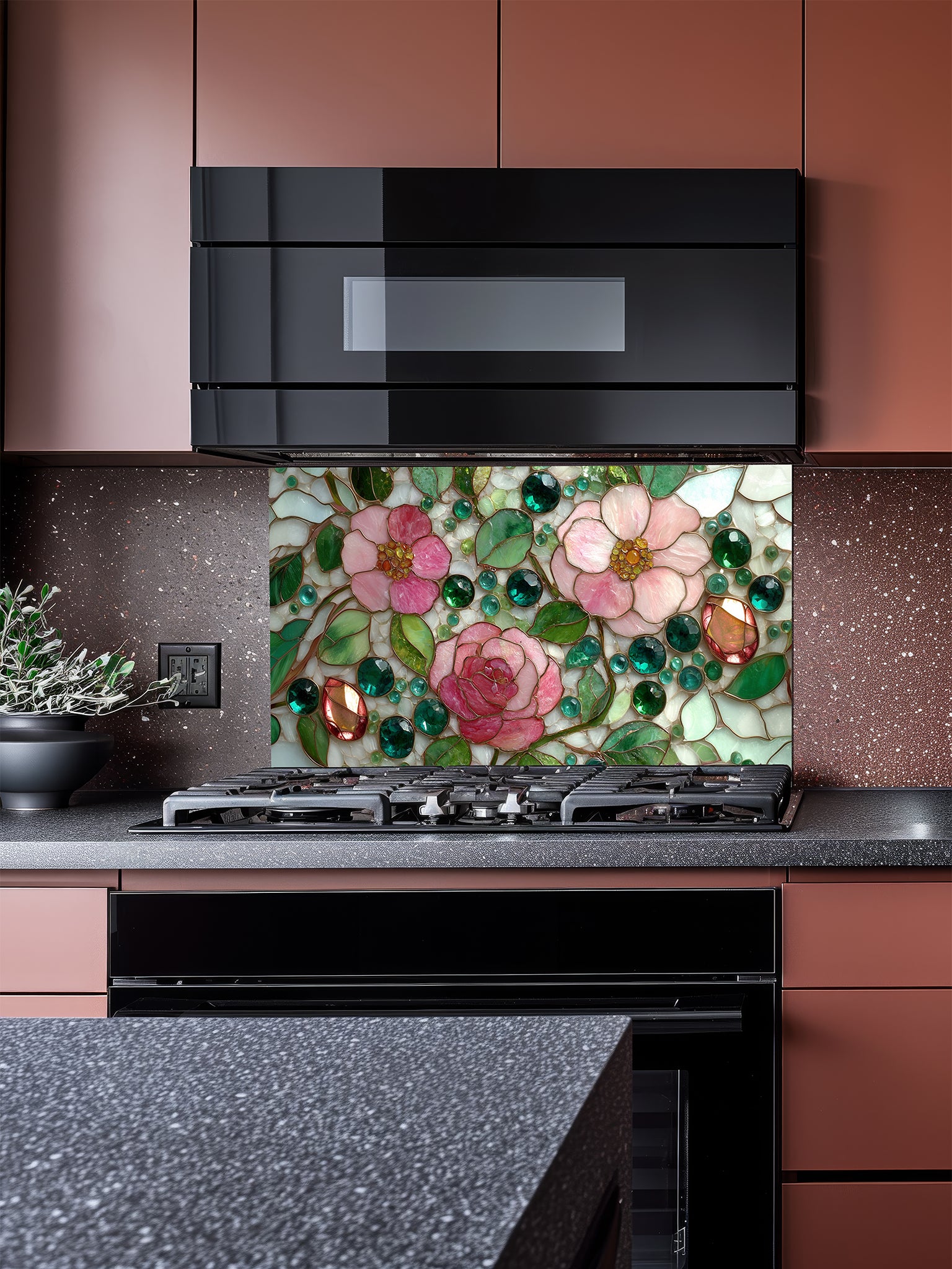 Tempered glass kitchen backsplash featuring a highly realistic faux stained glass design of delicate pink roses, green leaves, and jewel-like glass beads on a pale mosaic background, installed behind a modern stainless steel stove.