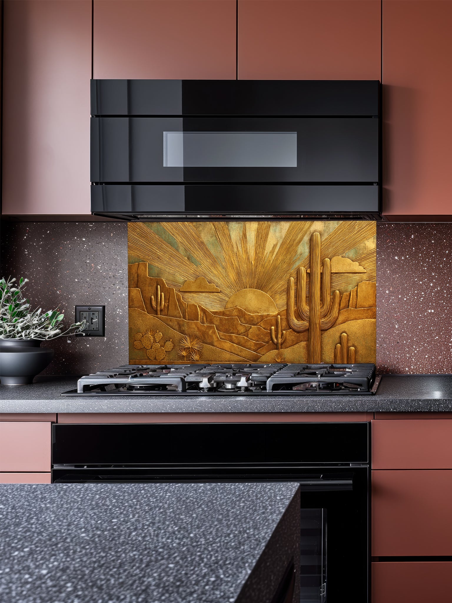 Faux 3D sculpted bronze and brass relief of a desert landscape with saguaro cacti and a radiant sunburst, UV printed on a smooth tempered glass kitchen backsplash.