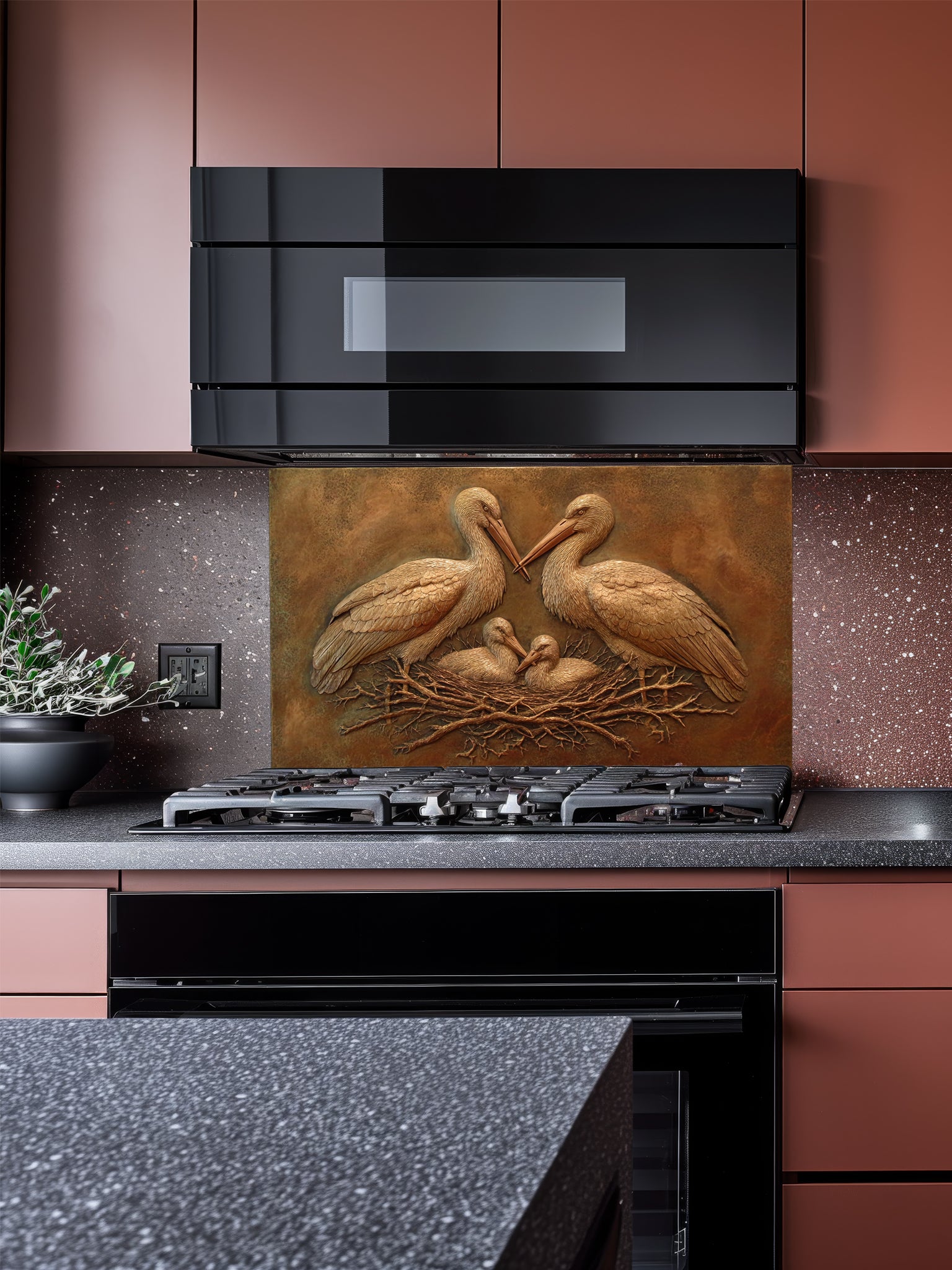 Faux 3D sculpted bronze relief of a stork family in a nest set against a rustic metallic background, UV printed on a smooth tempered glass kitchen backsplash.