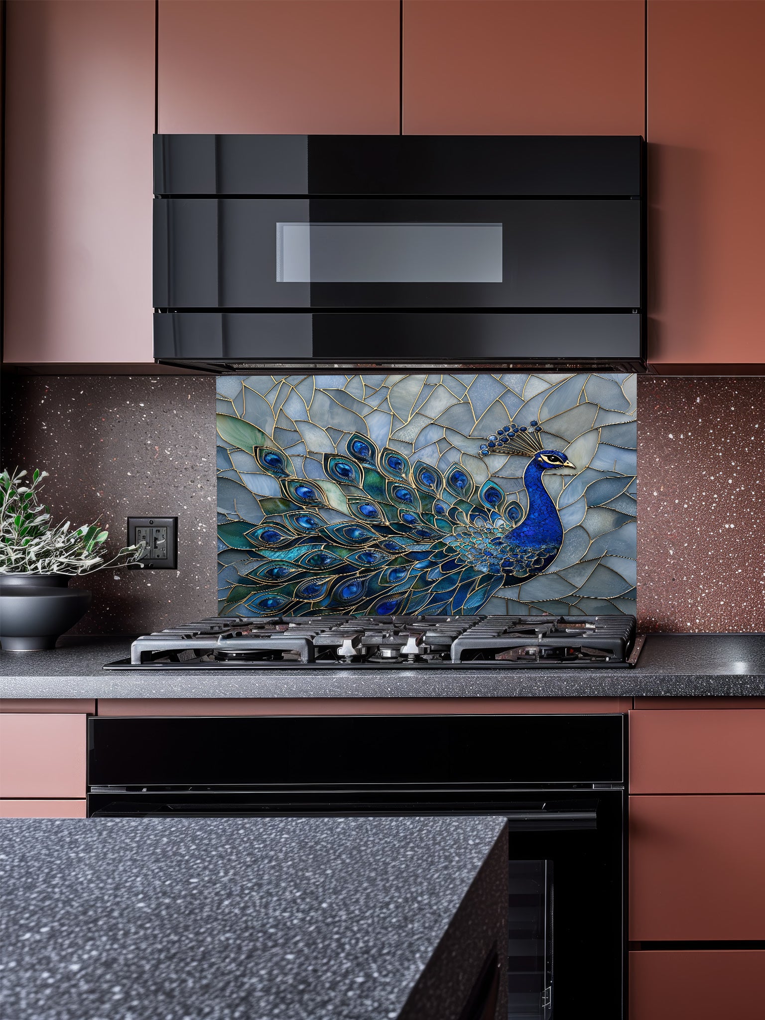 Tempered glass kitchen backsplash featuring a highly realistic 3D illusion of a stained glass mosaic showing a regal royal blue peacock with elegant gold outlines against an icy blue background, installed behind a modern stainless steel stove.