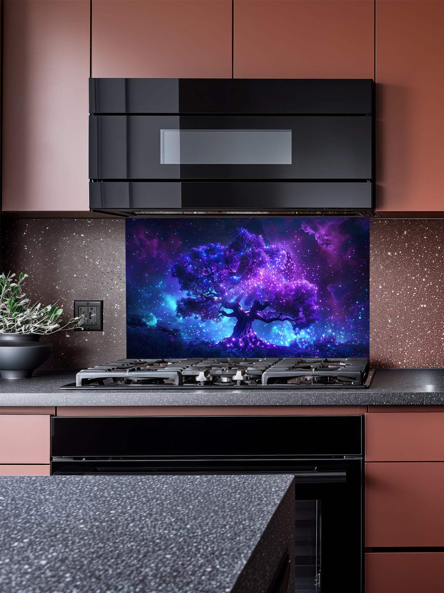Glowing purple and blue cosmic tree of life against a starry nebula galaxy background, UV printed on a smooth tempered glass kitchen backsplash.