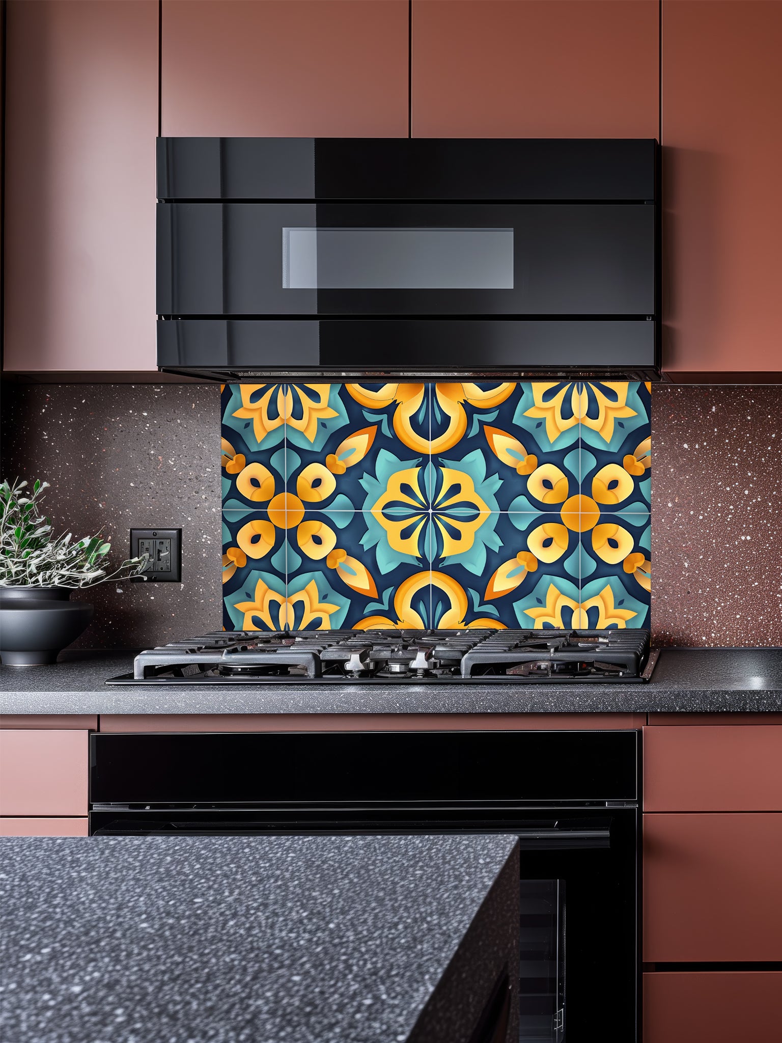 Tempered glass kitchen backsplash featuring a highly realistic illusion of traditional Moroccan encaustic tiles, showcasing a vibrant geometric floral pattern in teal, golden yellow, and deep navy, installed behind a modern black stove.