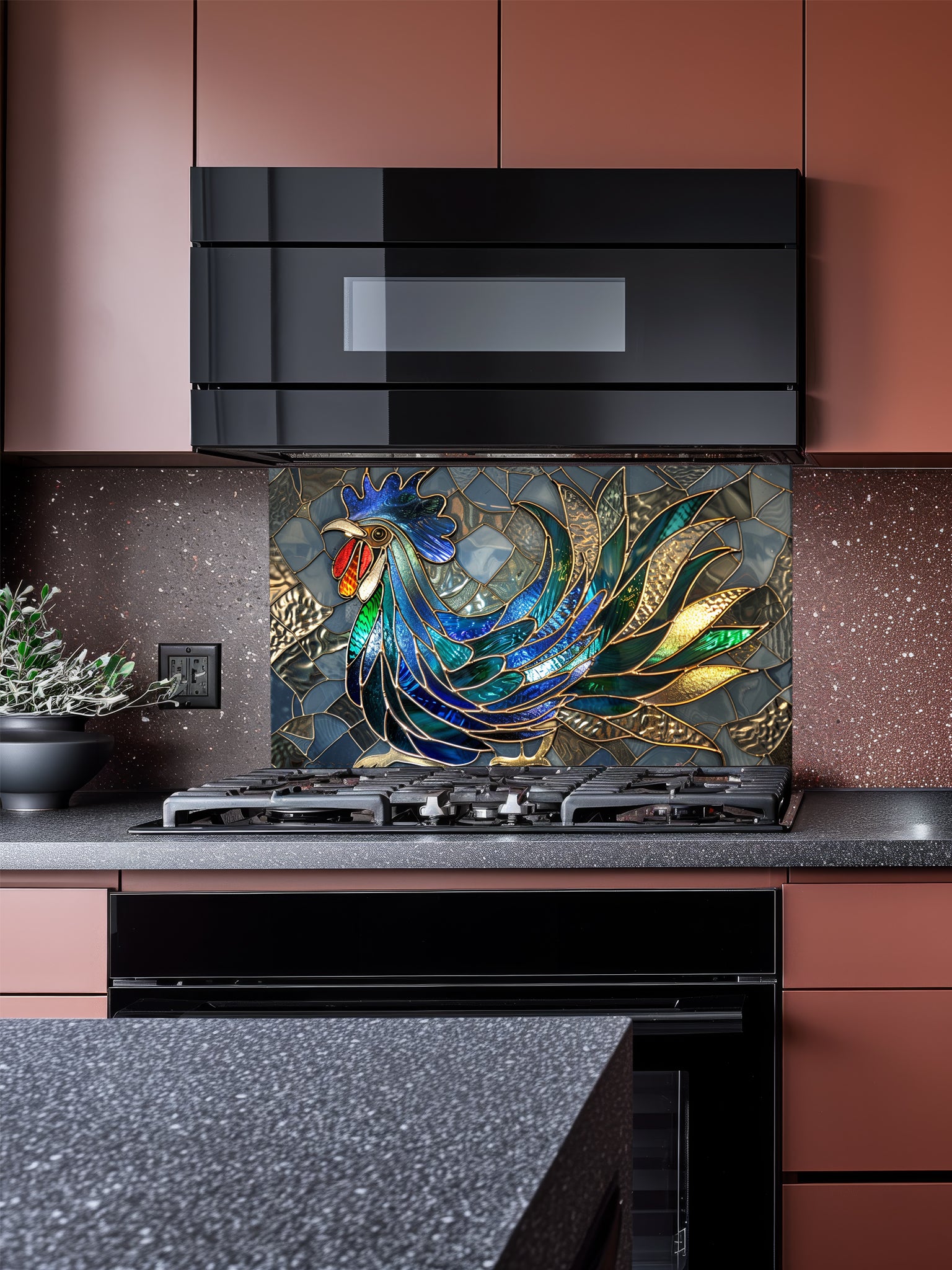 Faux stained glass pattern featuring a vibrant blue, green, and gold rooster against a grey mosaic background, UV printed on a smooth tempered glass kitchen backsplash.