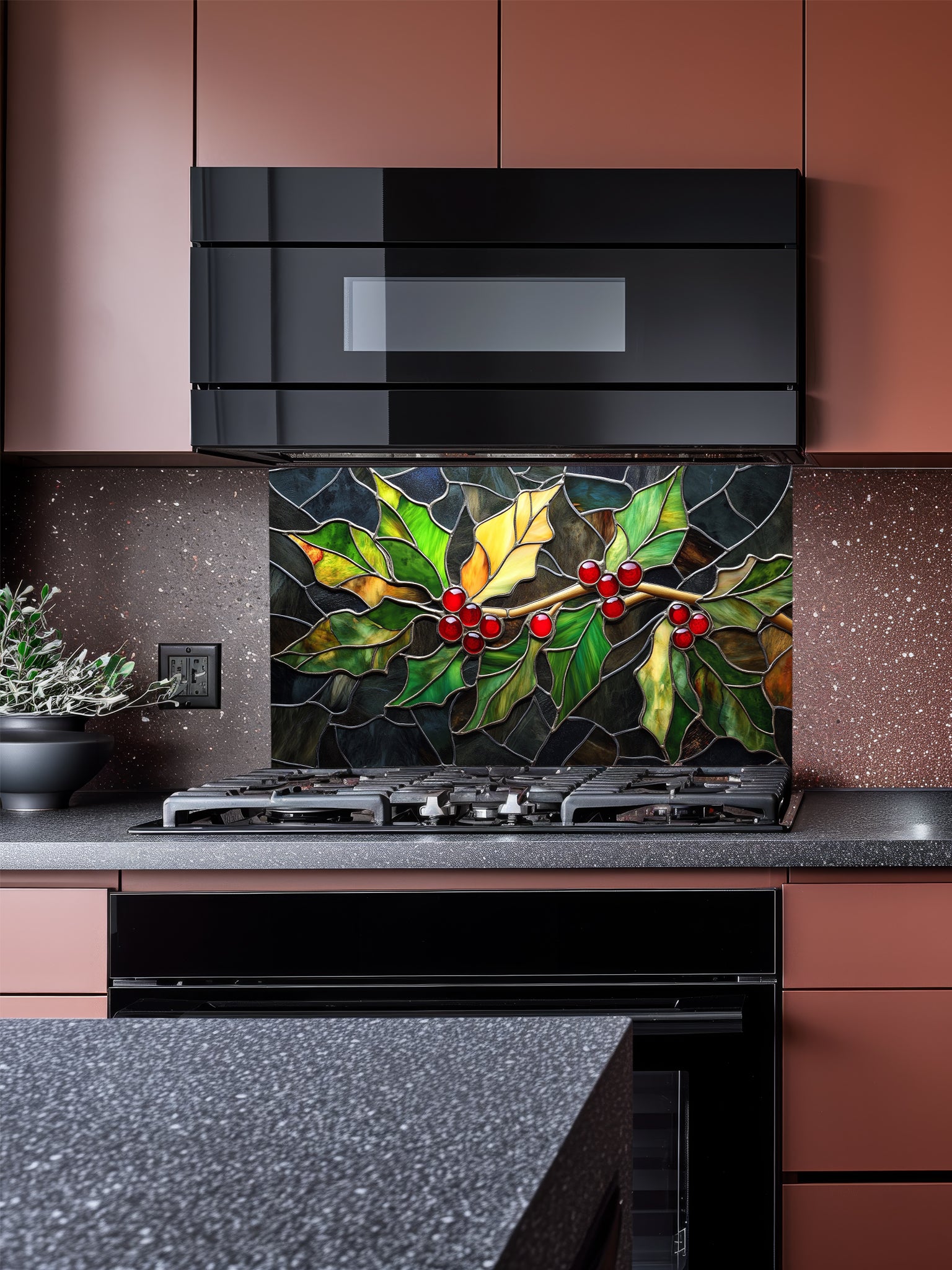Tempered glass kitchen backsplash featuring a highly realistic 3D illusion of stained glass art showing a winter branch with vibrant green and yellow holly leaves and glowing red berries against a dark textured background, installed behind a modern black stove.