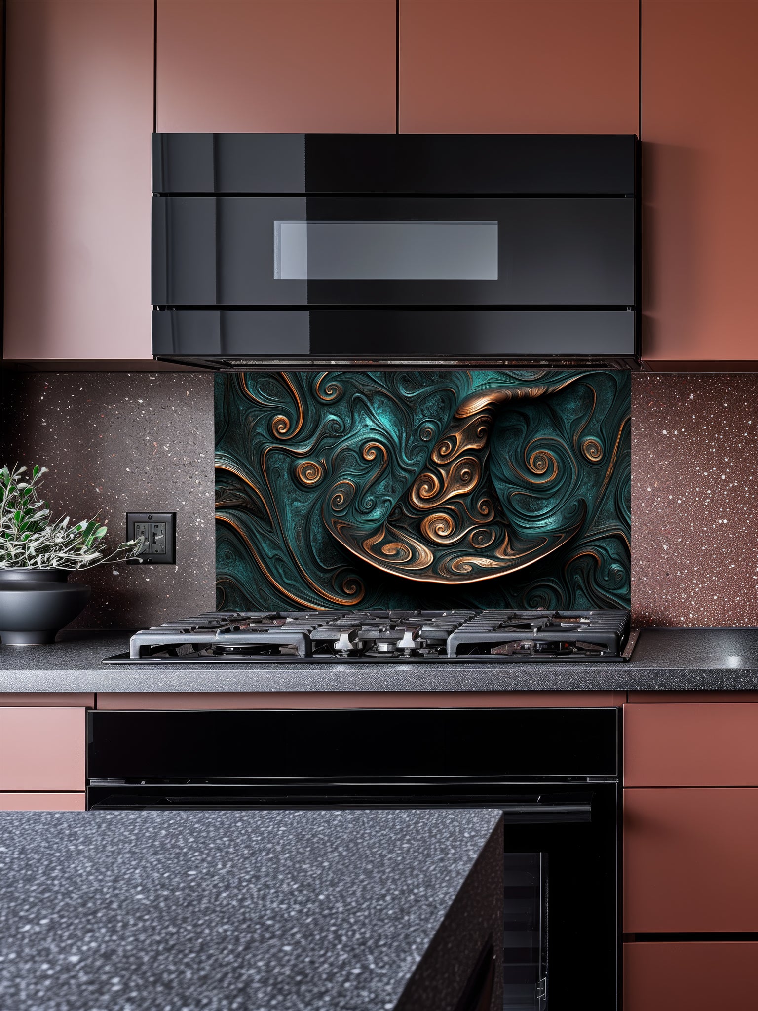 Tempered glass kitchen backsplash featuring a highly realistic 3D illusion of an abstract witch hat formed by smooth, mesmerizing fluid art and fractal swirls in deep teal and metallic copper, installed behind a modern black stove.