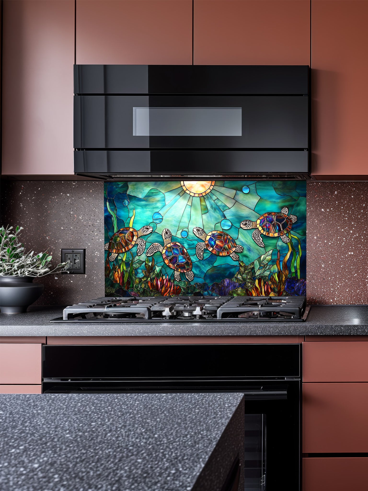 Stained glass style sea turtles swimming in vibrant blue ocean waters with sun rays, UV printed on a smooth tempered glass kitchen backsplash, installed behind a modern stove.