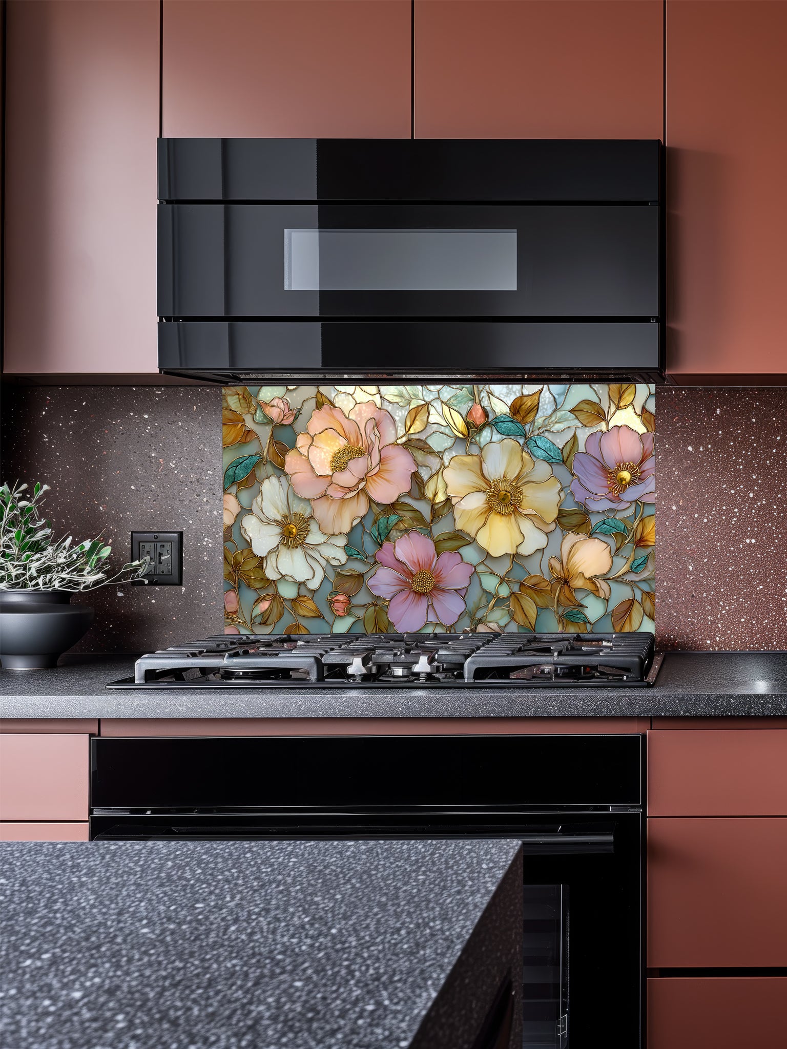 Stained glass style botanical pattern featuring large pastel pink, peach, and yellow peony flowers with gold outlines, UV printed on a smooth tempered glass kitchen backsplash.