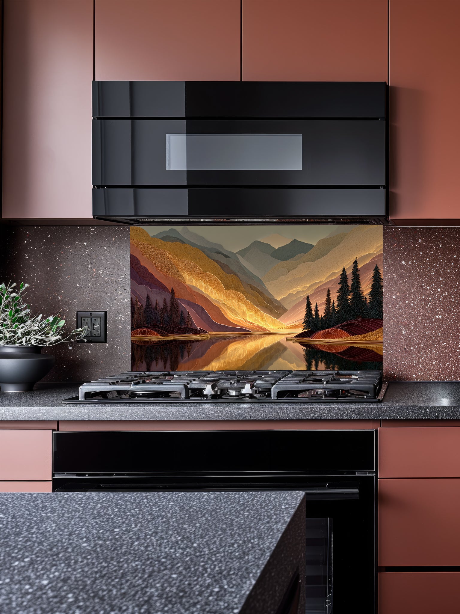Tempered glass kitchen backsplash featuring a highly realistic 3D illusion of a textured mountain landscape at sunset, showcasing glowing golden peaks, dark pine trees, and a calm lake reflection in rich burgundy and amber tones, installed behind a modern black stove.