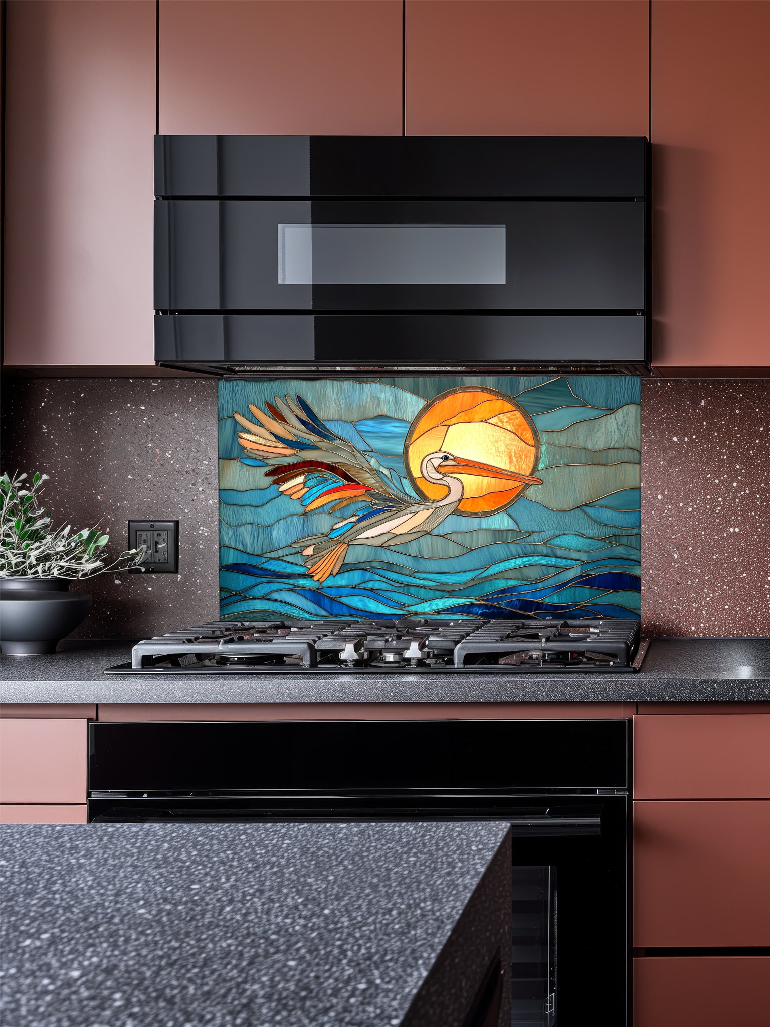 Stained glass style pelican flying over blue ocean waves and a bright sun, UV printed on tempered glass kitchen backsplash, installed behind a modern stove.
