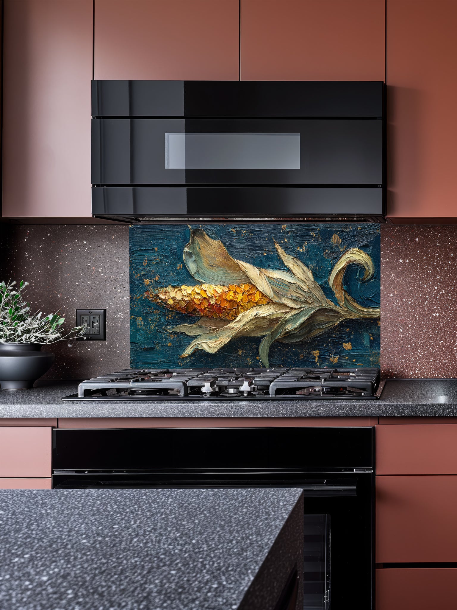 Tempered glass kitchen backsplash featuring a highly realistic 3D illusion of a thick impasto oil painting created with a palette knife, showing a golden ear of corn with flowing husks against a dark teal background with gold splatters, installed behind a modern black stove.