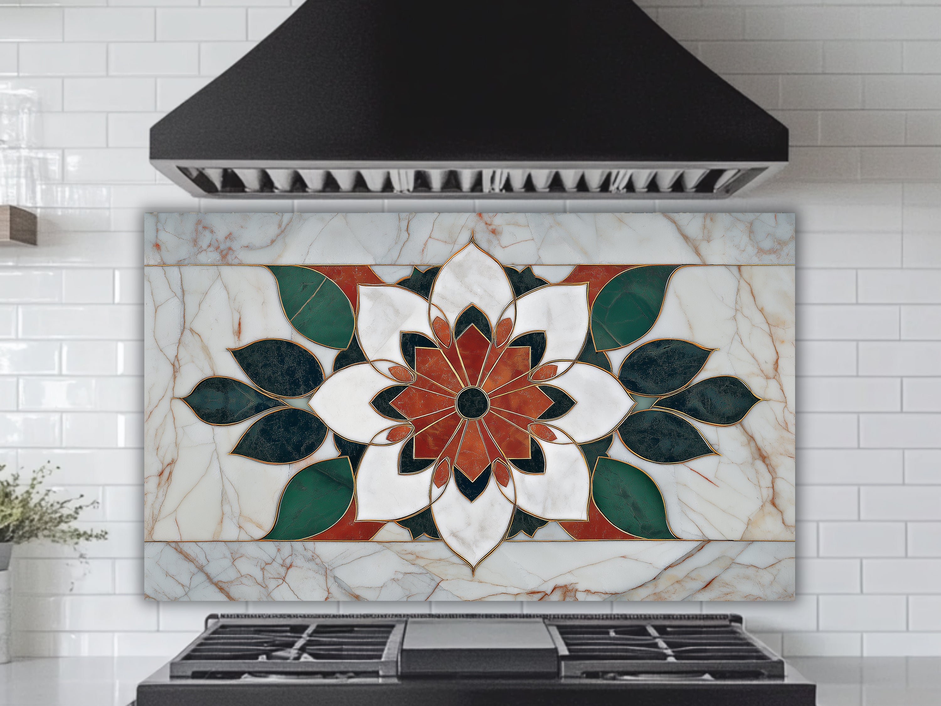 Luxury Marble & Floral Mandala Glass Stove Backsplash | Heat-Resistant Kitchen Splashback