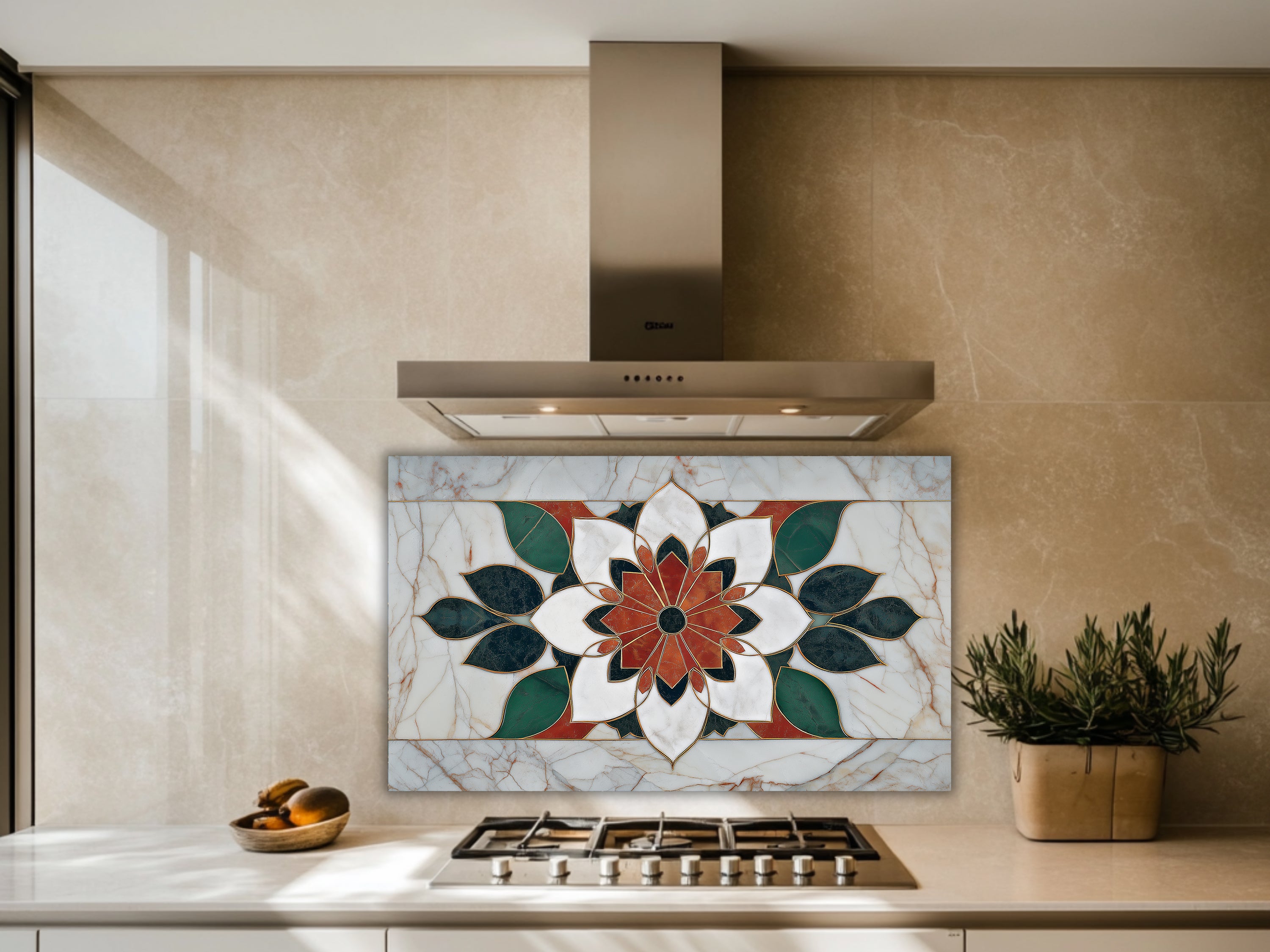 Luxury Marble & Floral Mandala Glass Stove Backsplash | Heat-Resistant Kitchen Splashback
