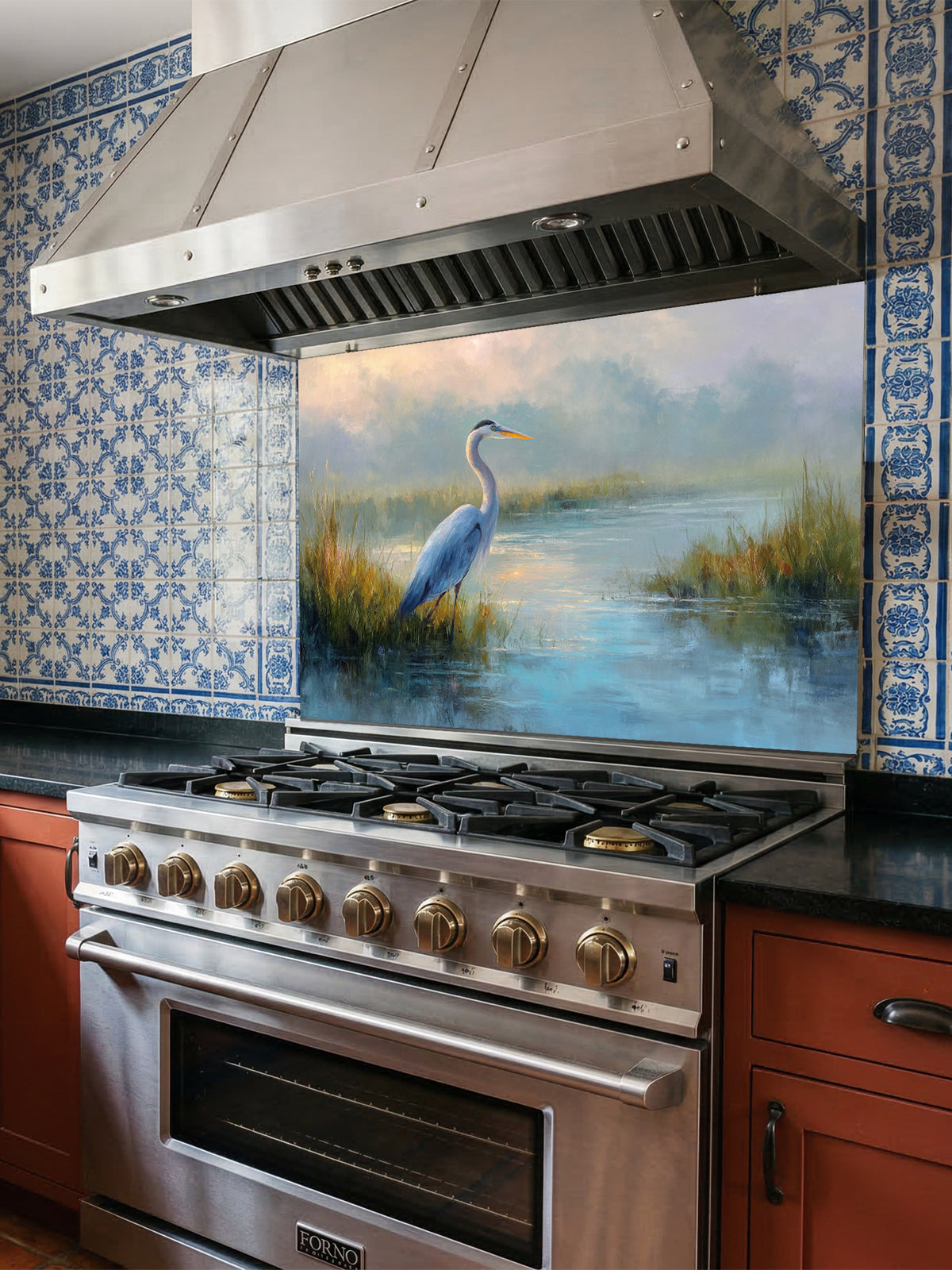 Fine art style oil painting of a blue heron standing in a misty wetland marsh, UV printed on a smooth tempered glass kitchen backsplash.