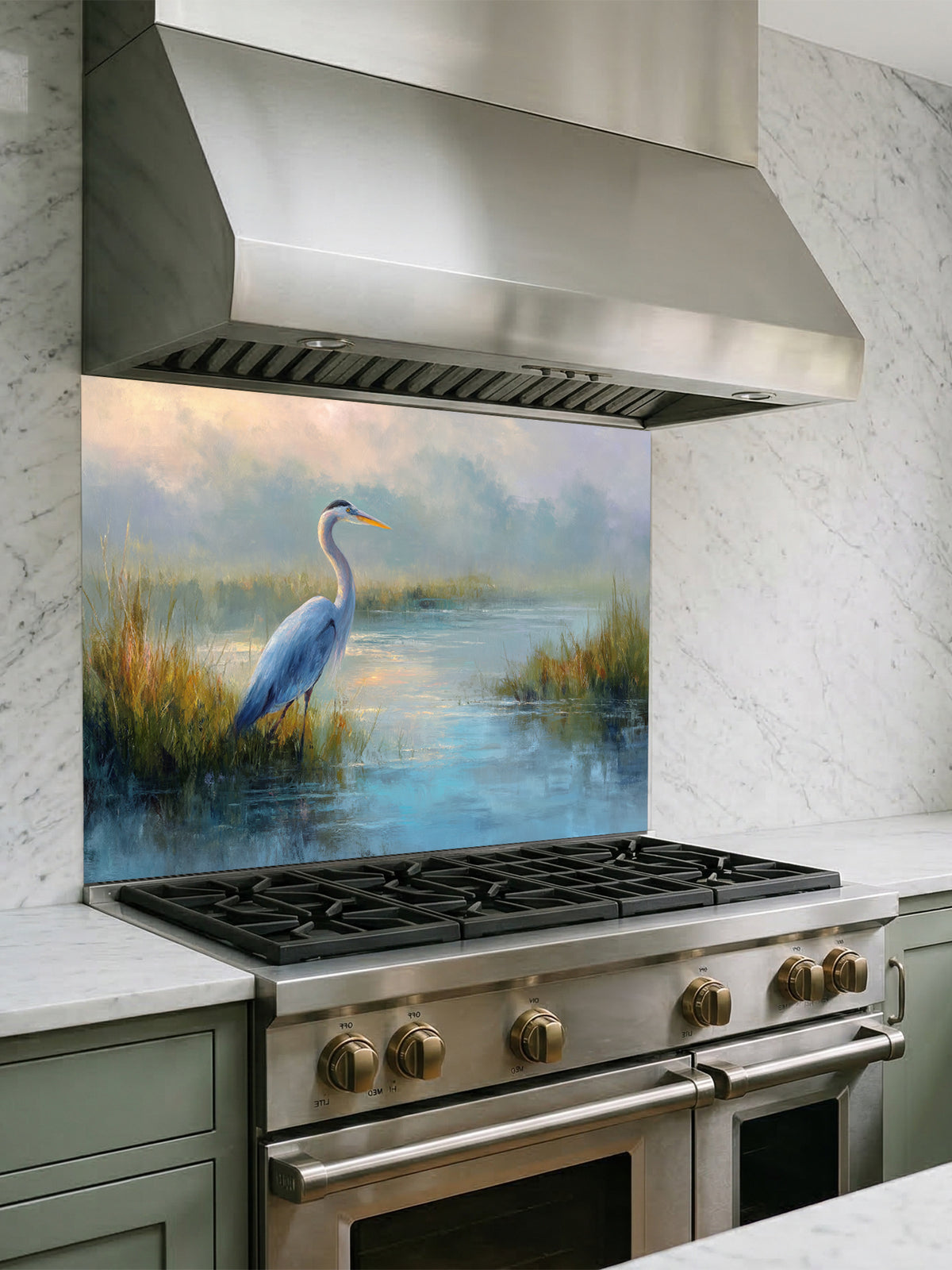 Fine art style oil painting of a blue heron standing in a misty wetland marsh, UV printed on a smooth tempered glass kitchen backsplash.
