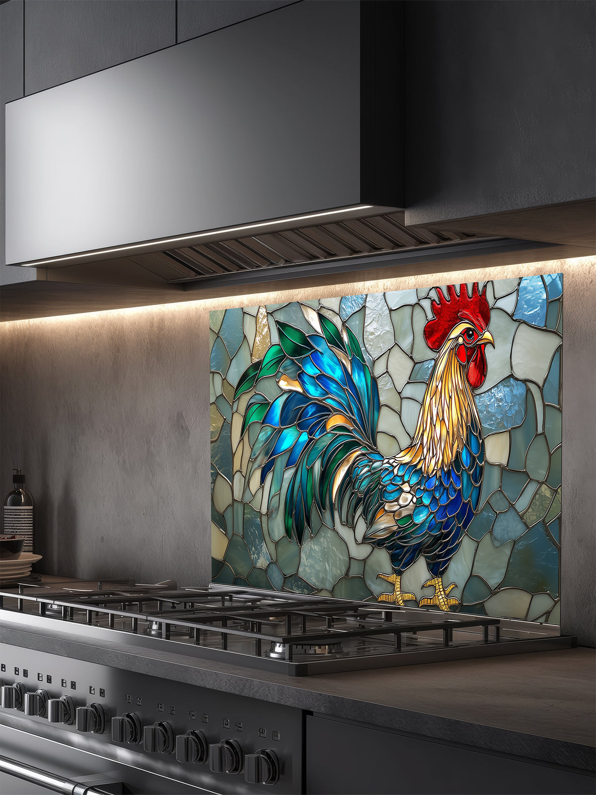 Tempered glass kitchen backsplash featuring a vibrant faux stained glass design of a rooster with striking teal and blue tail feathers against a light icy blue mosaic background, installed behind a modern stainless steel stove.