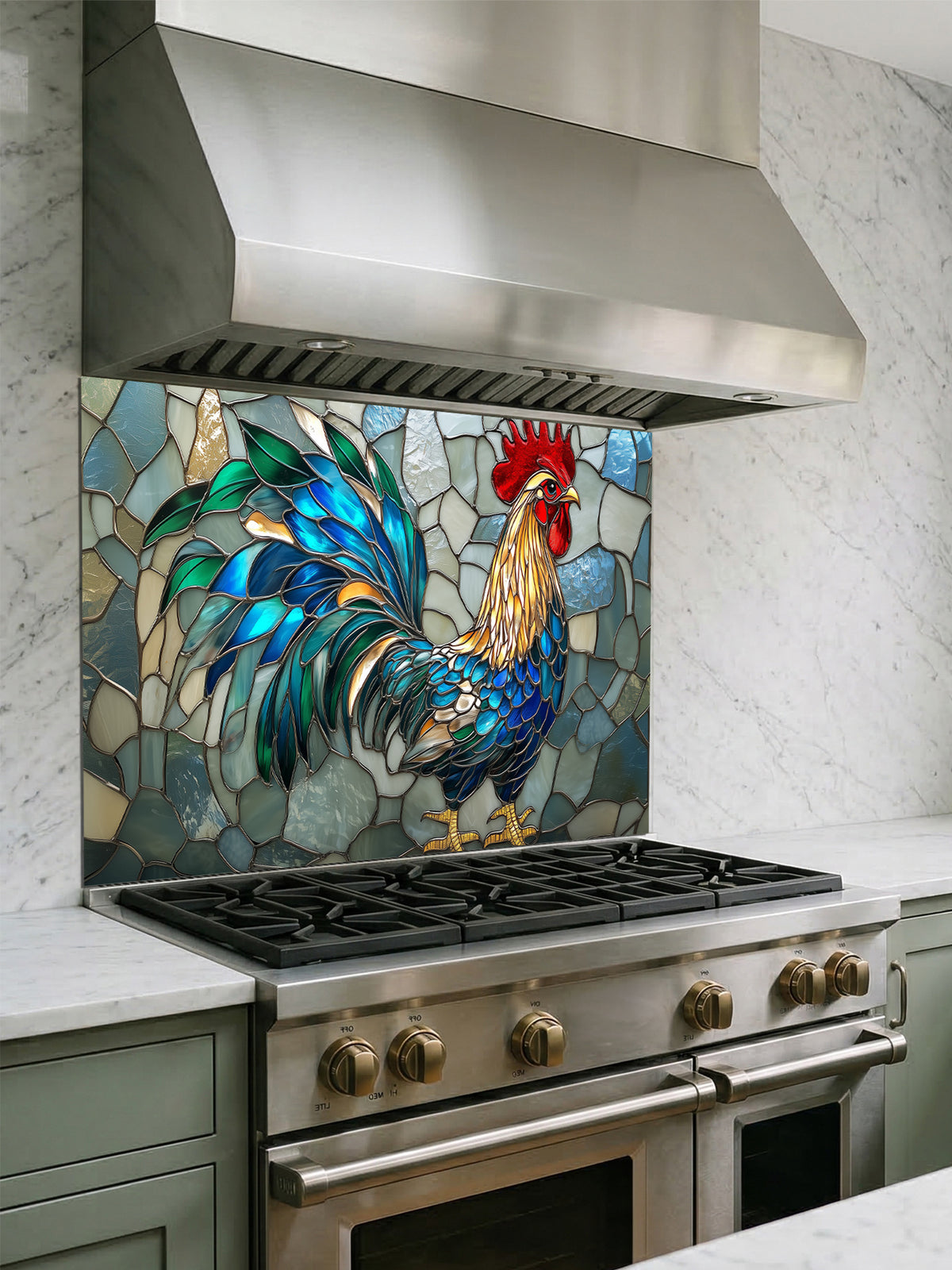 Tempered glass kitchen backsplash featuring a vibrant faux stained glass design of a rooster with striking teal and blue tail feathers against a light icy blue mosaic background, installed behind a modern stainless steel stove.