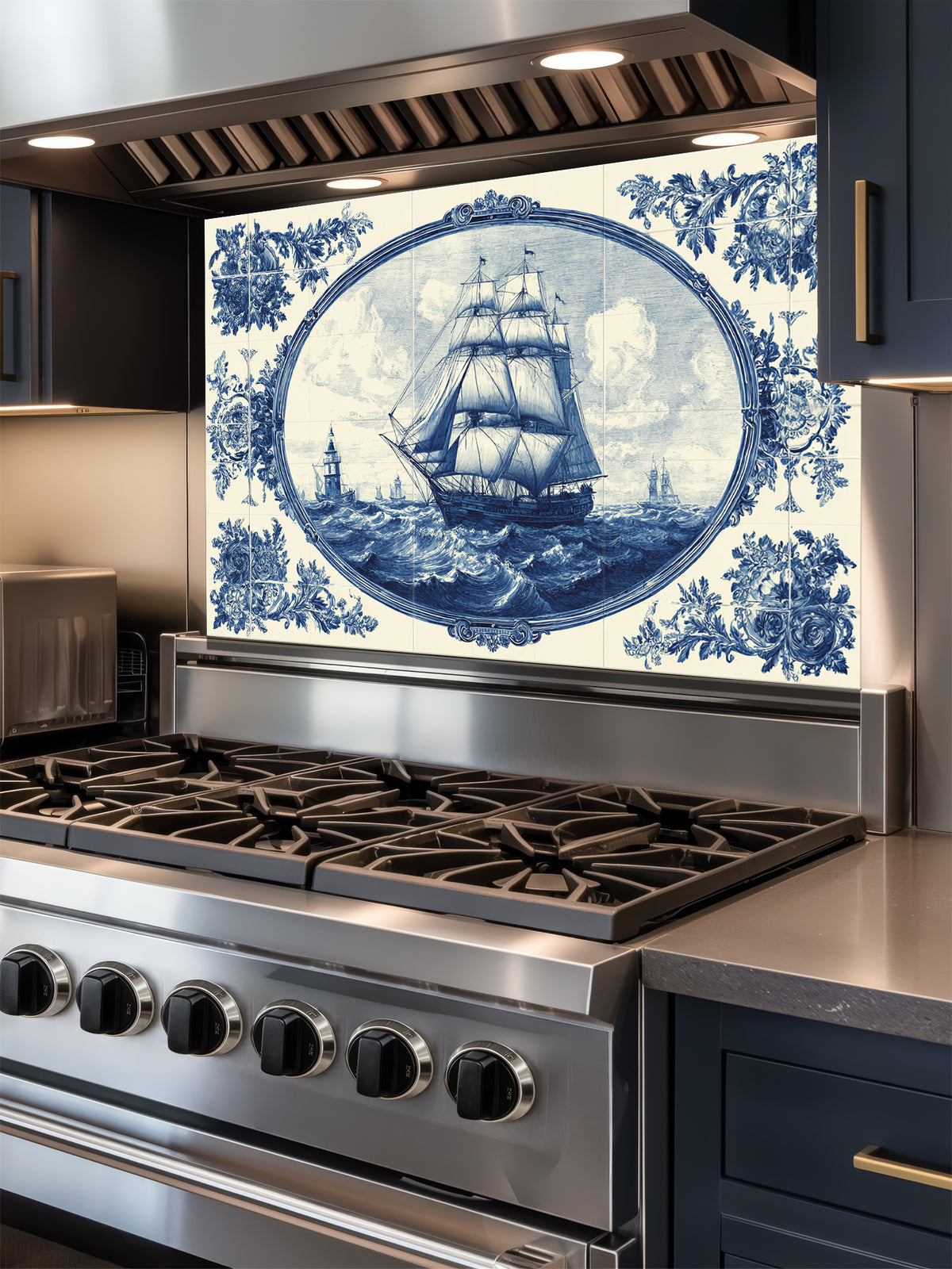 Faux blue and white Portuguese Azulejo tile mural featuring a classic sailing ship on the ocean, UV printed on a smooth tempered glass kitchen backsplash.