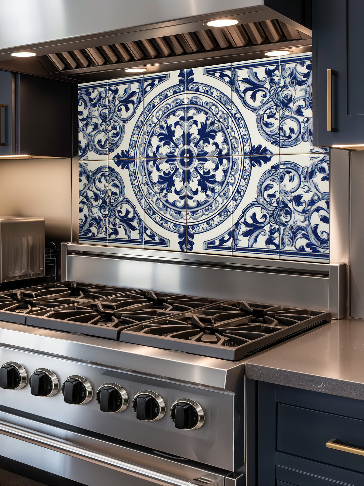 Tempered glass kitchen backsplash featuring a traditional Mediterranean blue and white Azulejo faux tile design with an ornate central floral mandala pattern, installed behind a modern stainless steel stove.