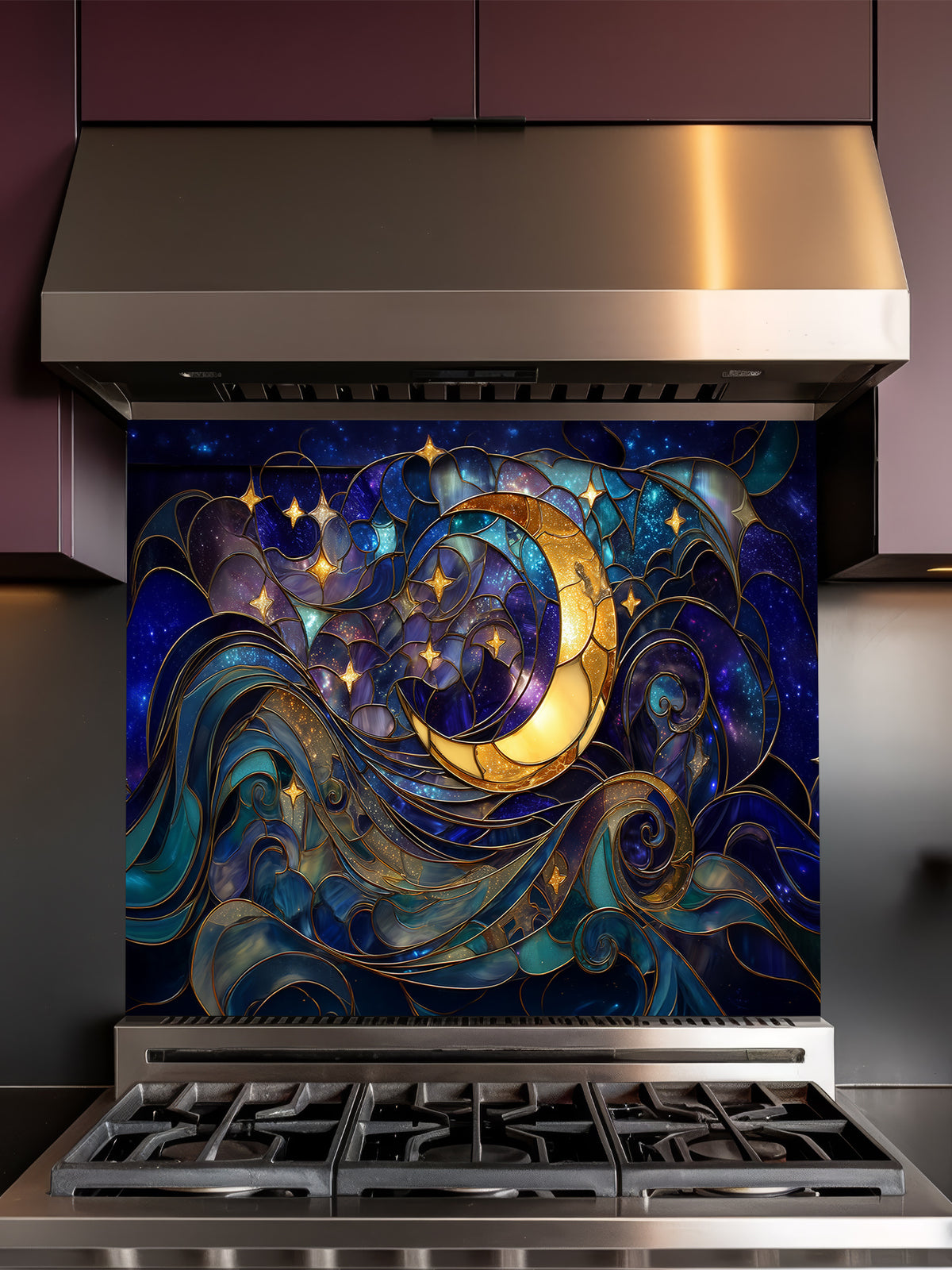 Tempered glass kitchen backsplash featuring a highly realistic 3D illusion of stained glass art showing a glowing golden crescent moon and stars swirling in a deep blue night sky, installed behind a modern stainless steel stove.