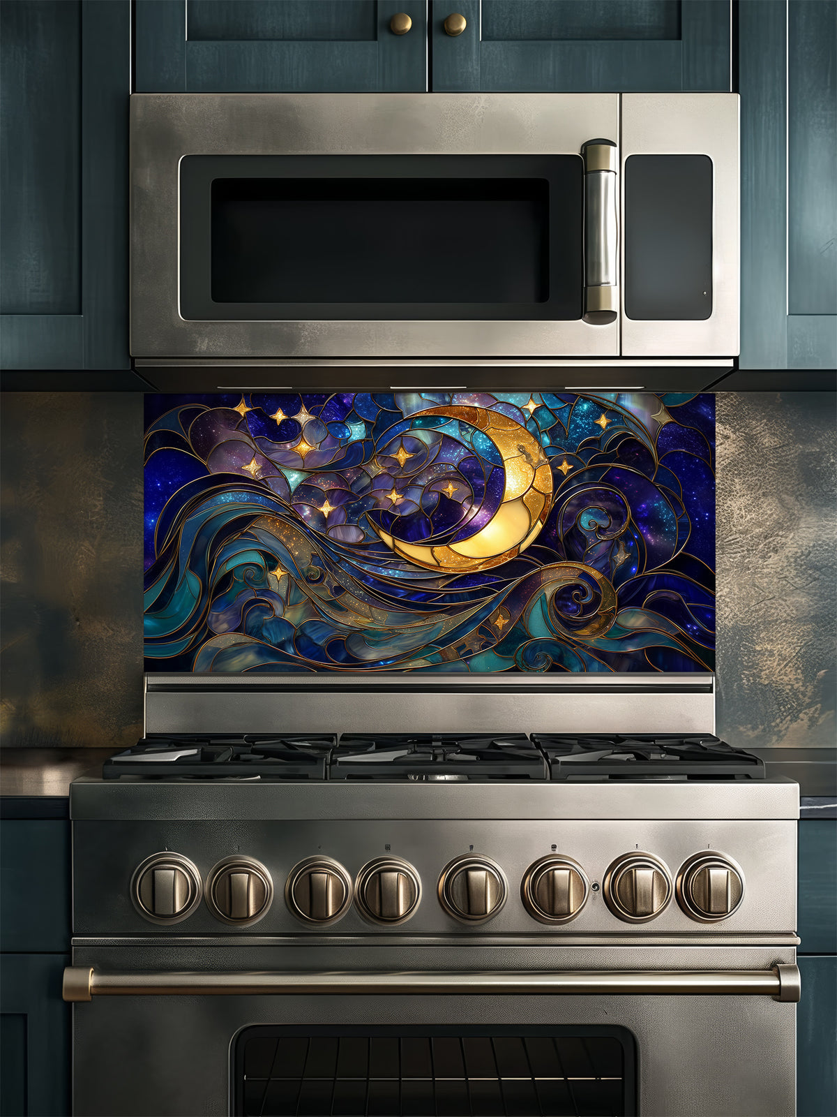 Tempered glass kitchen backsplash featuring a highly realistic 3D illusion of stained glass art showing a glowing golden crescent moon and stars swirling in a deep blue night sky, installed behind a modern stainless steel stove.