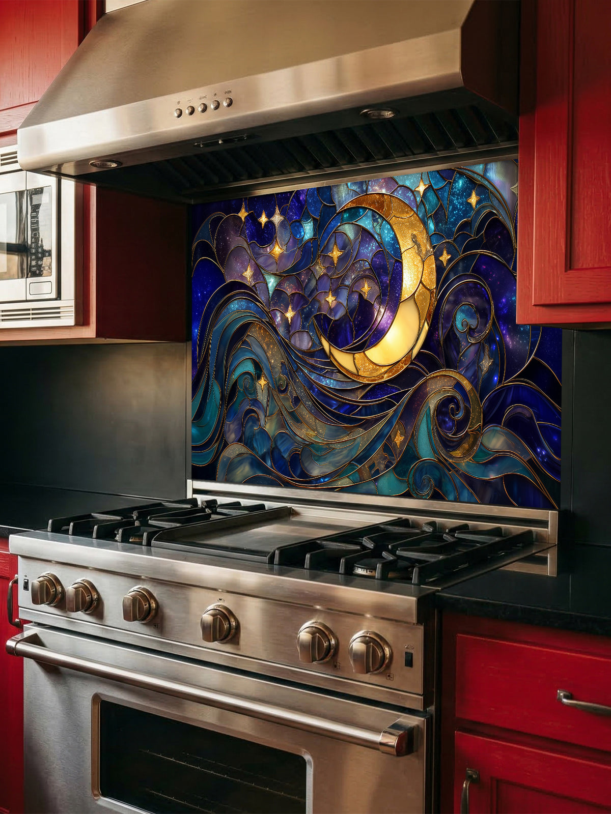 Tempered glass kitchen backsplash featuring a highly realistic 3D illusion of stained glass art showing a glowing golden crescent moon and stars swirling in a deep blue night sky, installed behind a modern stainless steel stove.