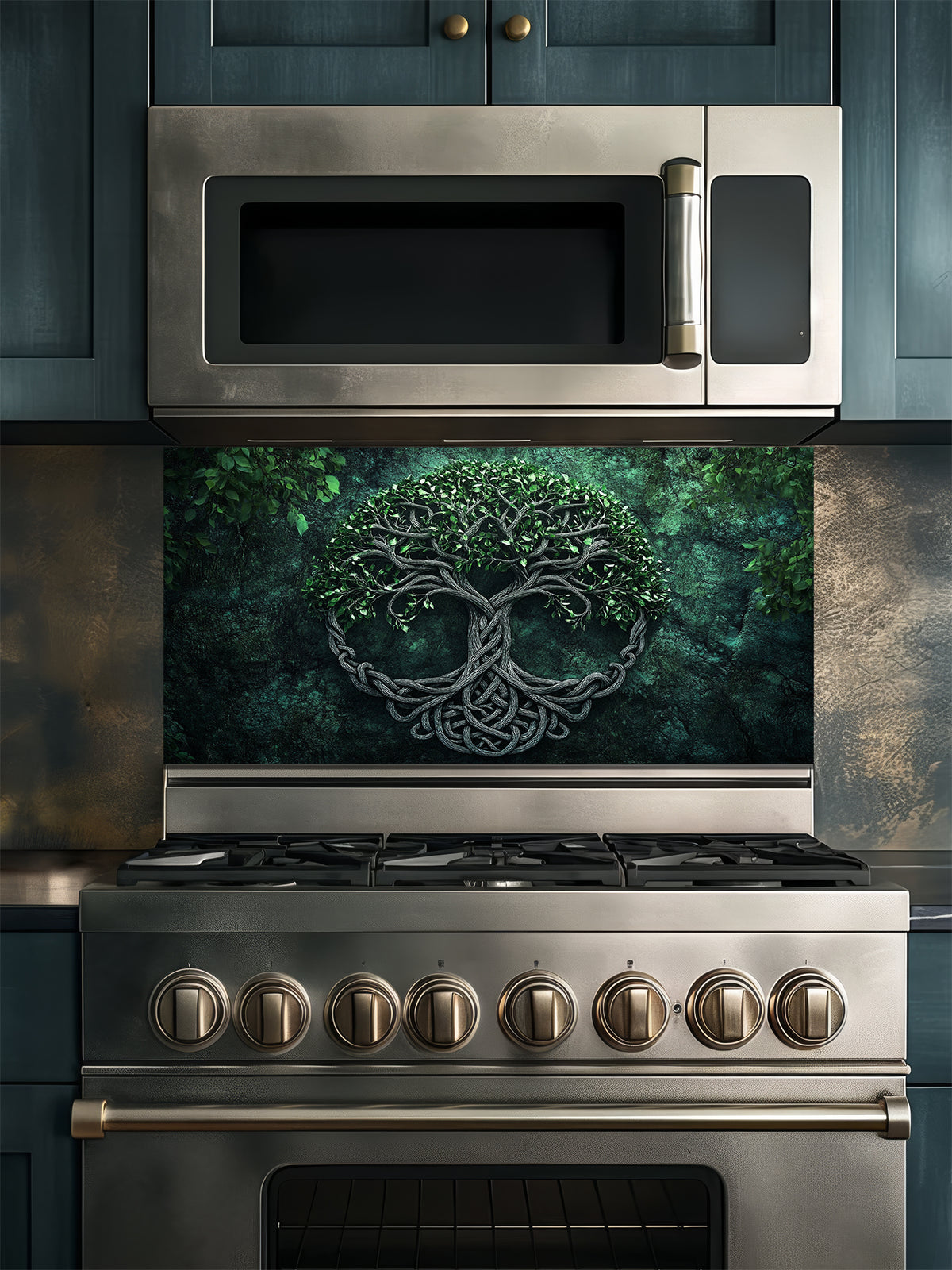 Tempered glass kitchen backsplash featuring a highly realistic 3D illusion of an ancient carved Celtic Tree of Life (Yggdrasil) with intricate knotwork roots and lush green leaves against a dark, moody forest green background, installed behind a modern black stove.