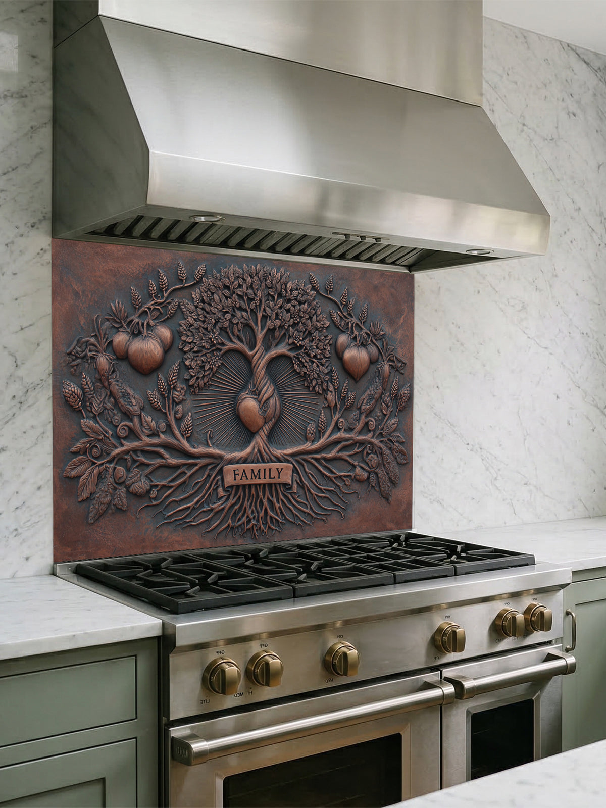 Faux 3D sculpted iron and copper relief of a family tree with a central radiating heart and a single 'FAMILY' banner over the roots, UV printed on a smooth tempered glass kitchen backsplash.