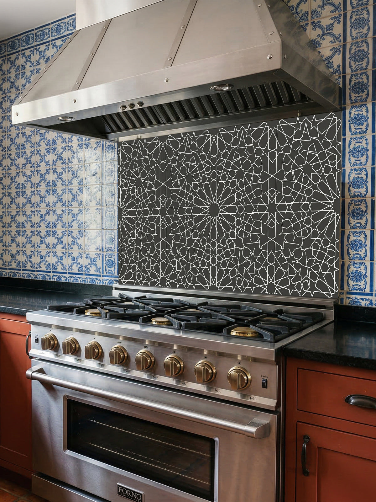 Stainless steel oven with decorative backsplash in a kitchen setting