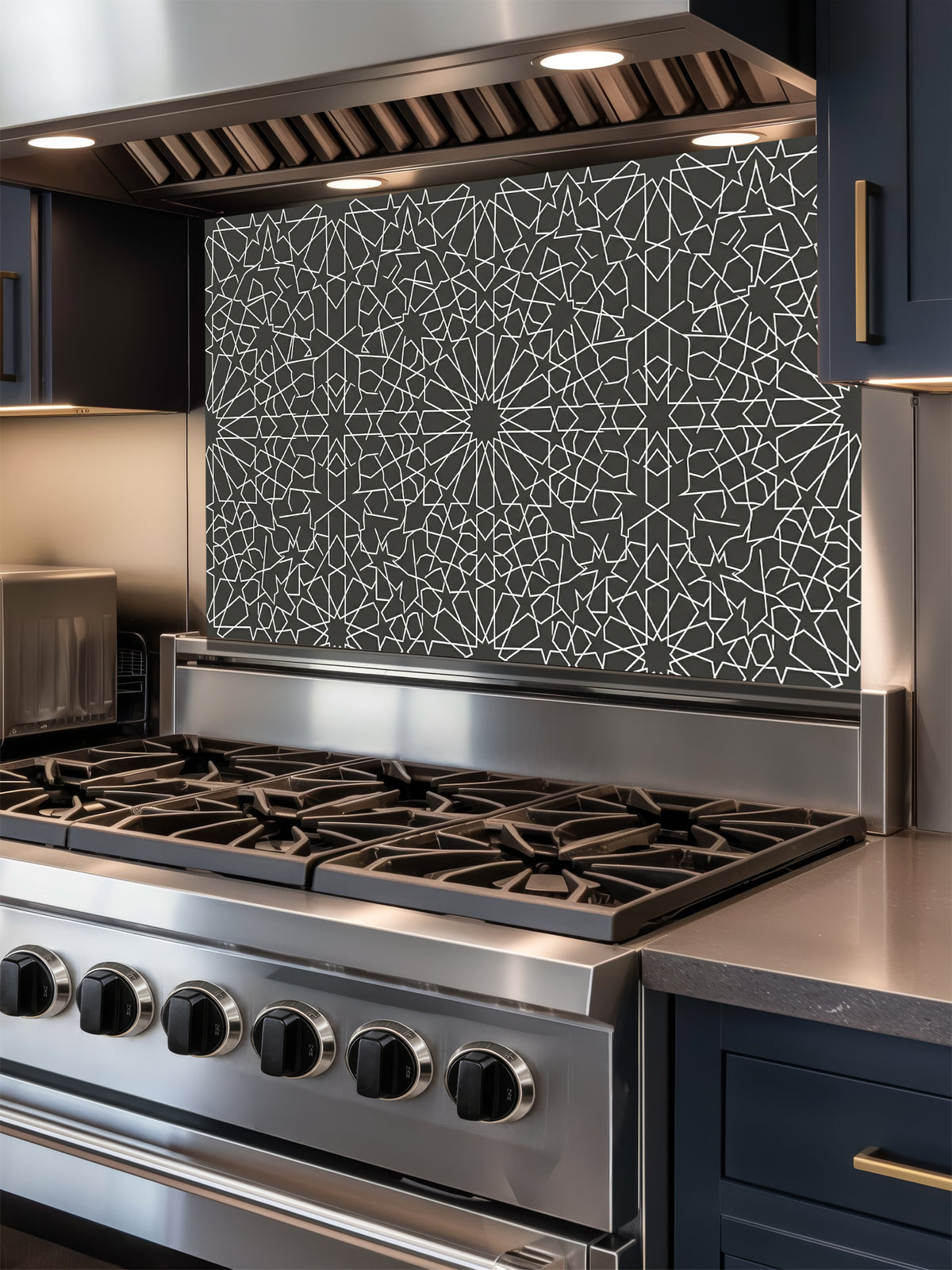 Stainless steel stove with decorative backsplash in a modern kitchen setting