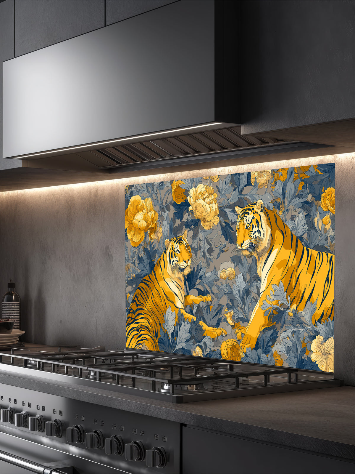Vintage Chinoiserie style illustration of two majestic tigers among golden yellow peonies and deep blue botanical foliage, UV printed on a smooth tempered glass kitchen backsplash.