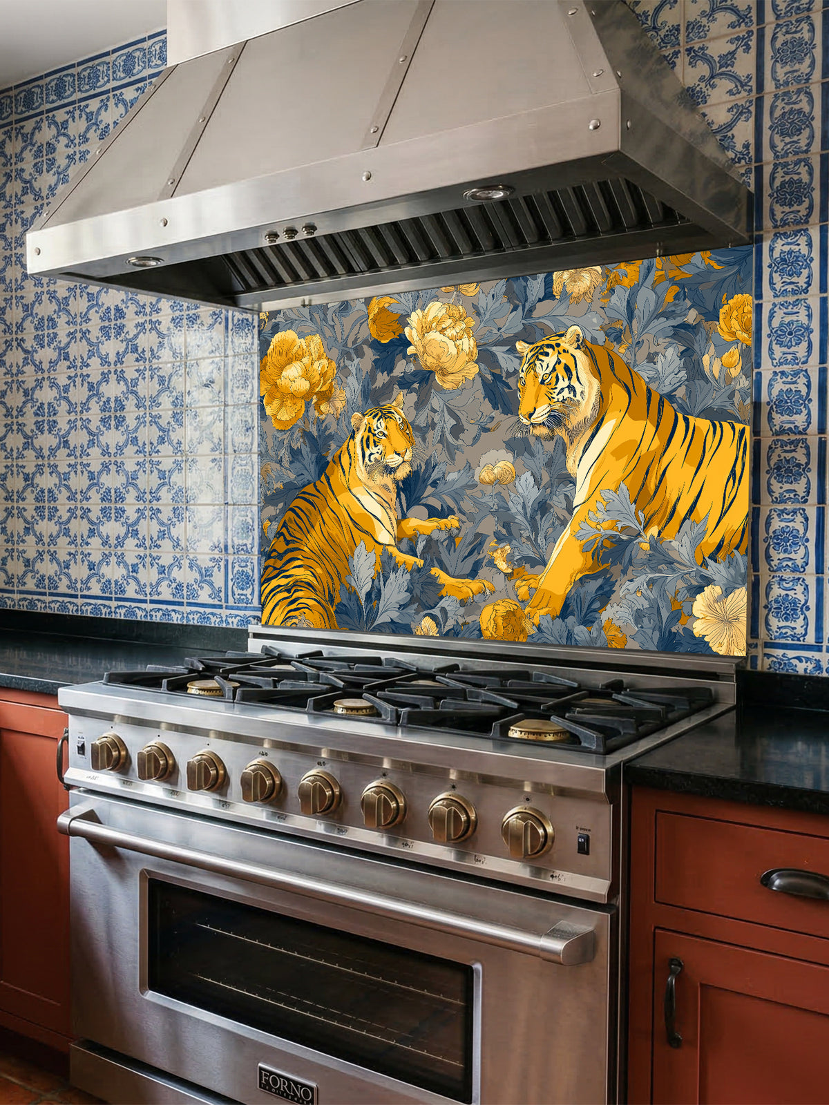 Vintage Chinoiserie style illustration of two majestic tigers among golden yellow peonies and deep blue botanical foliage, UV printed on a smooth tempered glass kitchen backsplash.