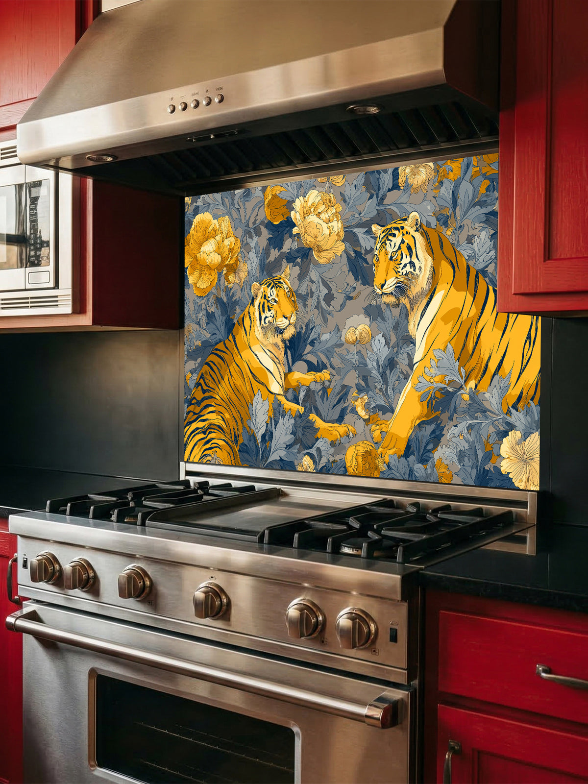 Vintage Chinoiserie style illustration of two majestic tigers among golden yellow peonies and deep blue botanical foliage, UV printed on a smooth tempered glass kitchen backsplash.