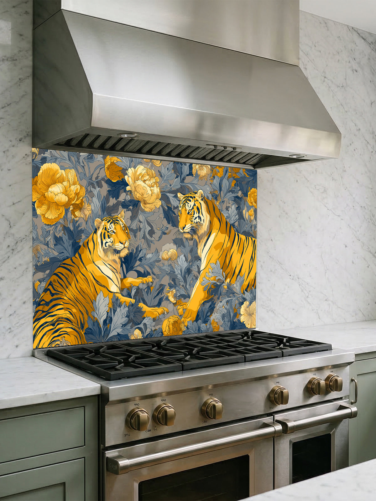 Vintage Chinoiserie style illustration of two majestic tigers among golden yellow peonies and deep blue botanical foliage, UV printed on a smooth tempered glass kitchen backsplash.