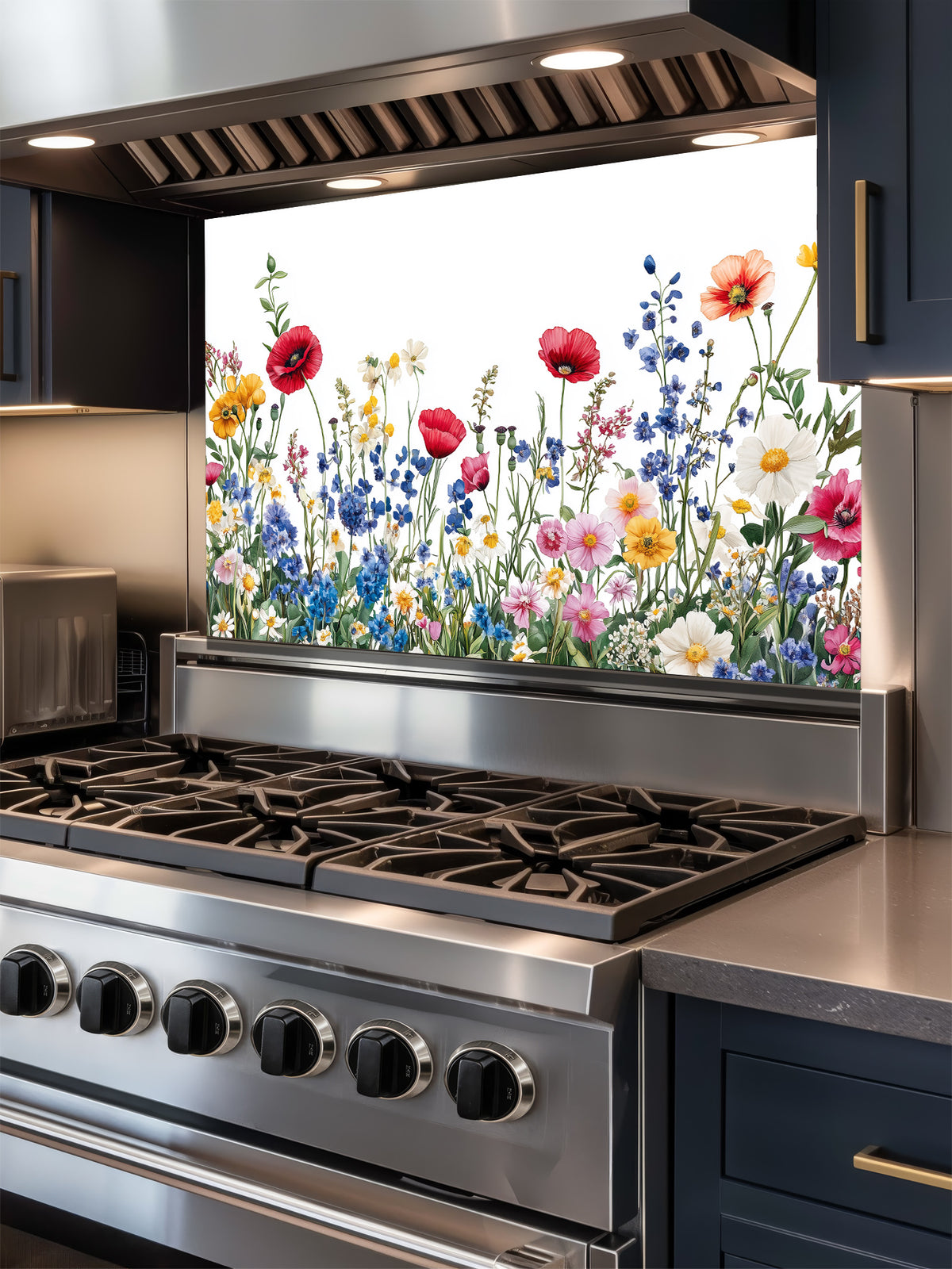 A bright kitchen featuring a tempered glass backsplash with a vibrant botanical illustration of a colorful wildflower meadow on a crisp white background, installed behind a modern stainless steel stove.