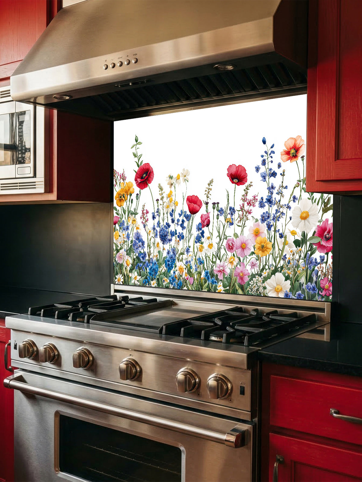 A bright kitchen featuring a tempered glass backsplash with a vibrant botanical illustration of a colorful wildflower meadow on a crisp white background, installed behind a modern stainless steel stove.