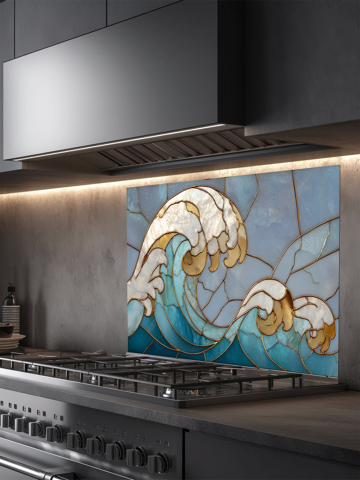 Tempered glass kitchen backsplash featuring a dramatic crashing ocean wave design in faux stained glass with deep blue water, white foam crests, and elegant gold outlines, installed behind a modern stainless steel stove.
