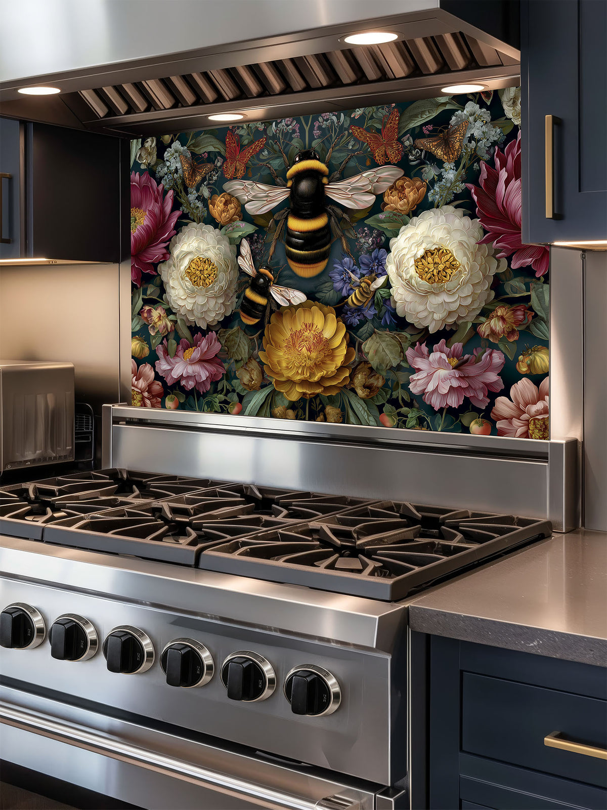 Tempered glass kitchen backsplash featuring a dark moody floral and large bumblebee vintage design installed behind a modern stainless steel stove.