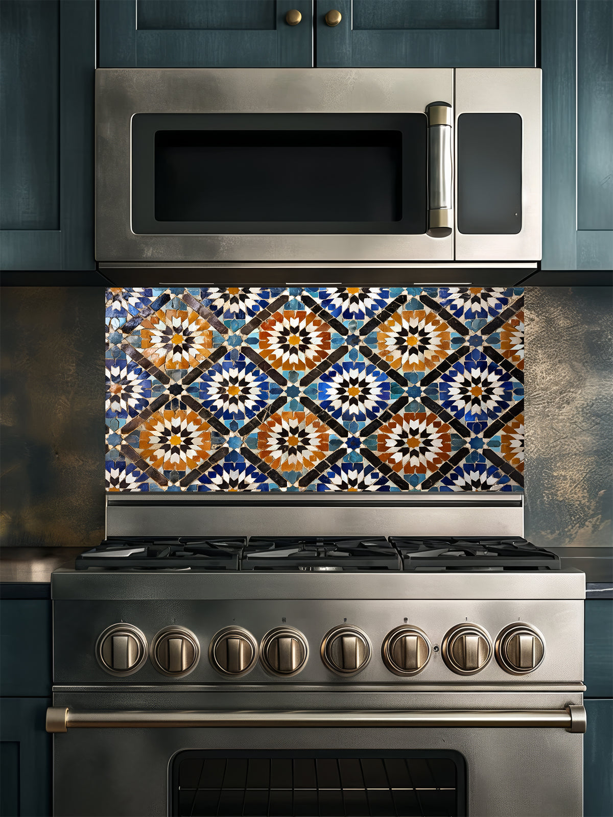 Stainless steel oven with decorative backsplash in a kitchen setting