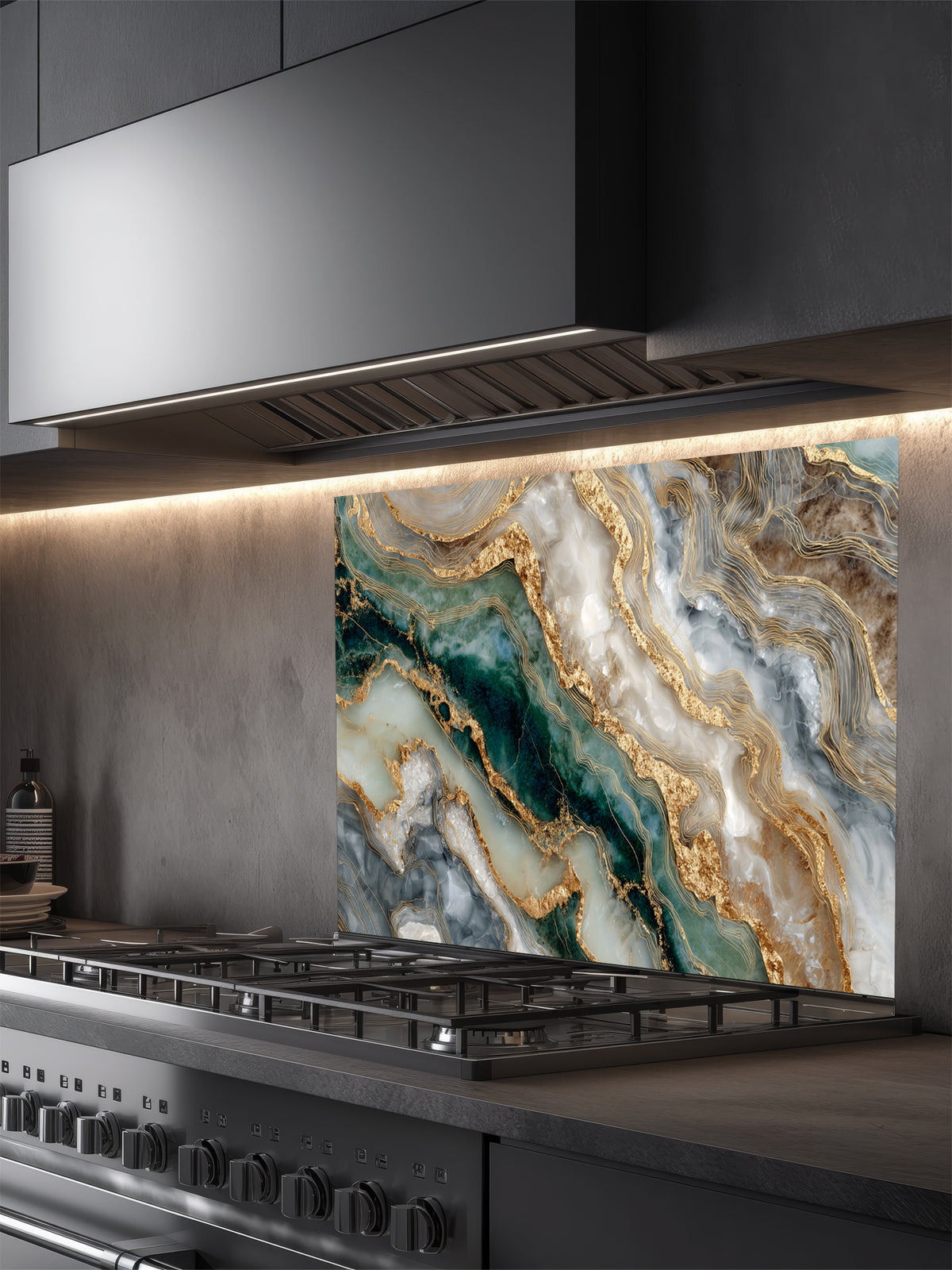Faux fluid art epoxy resin pattern featuring deep malachite green, white, and striking 3D-looking liquid gold Kintsugi veins, UV printed on a smooth tempered glass kitchen backsplash.