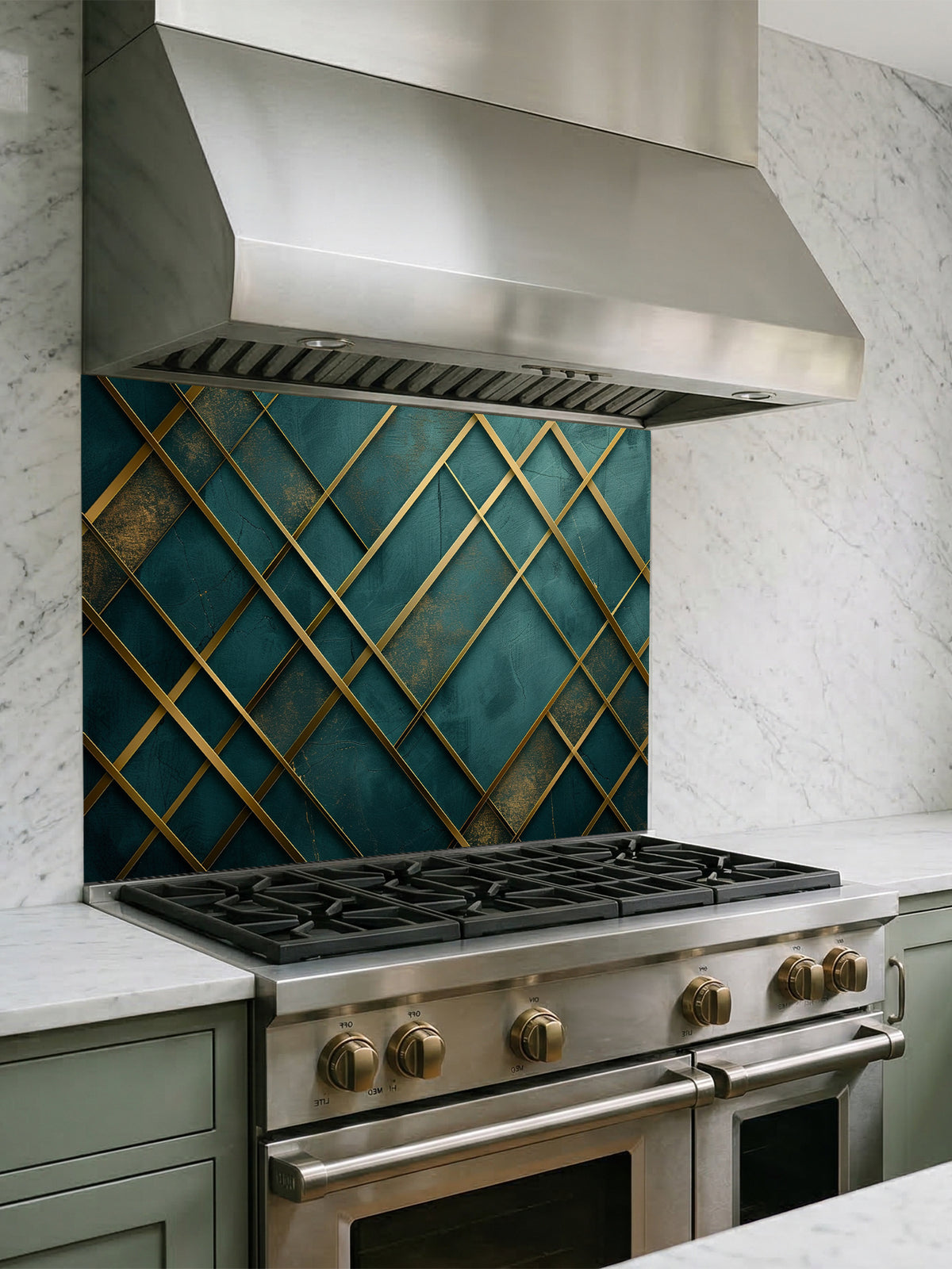 Tempered glass kitchen backsplash featuring a highly realistic 3D illusion of a textured emerald green and teal background crossed by elegant, abstract metallic gold geometric lines, installed behind a modern black stove.