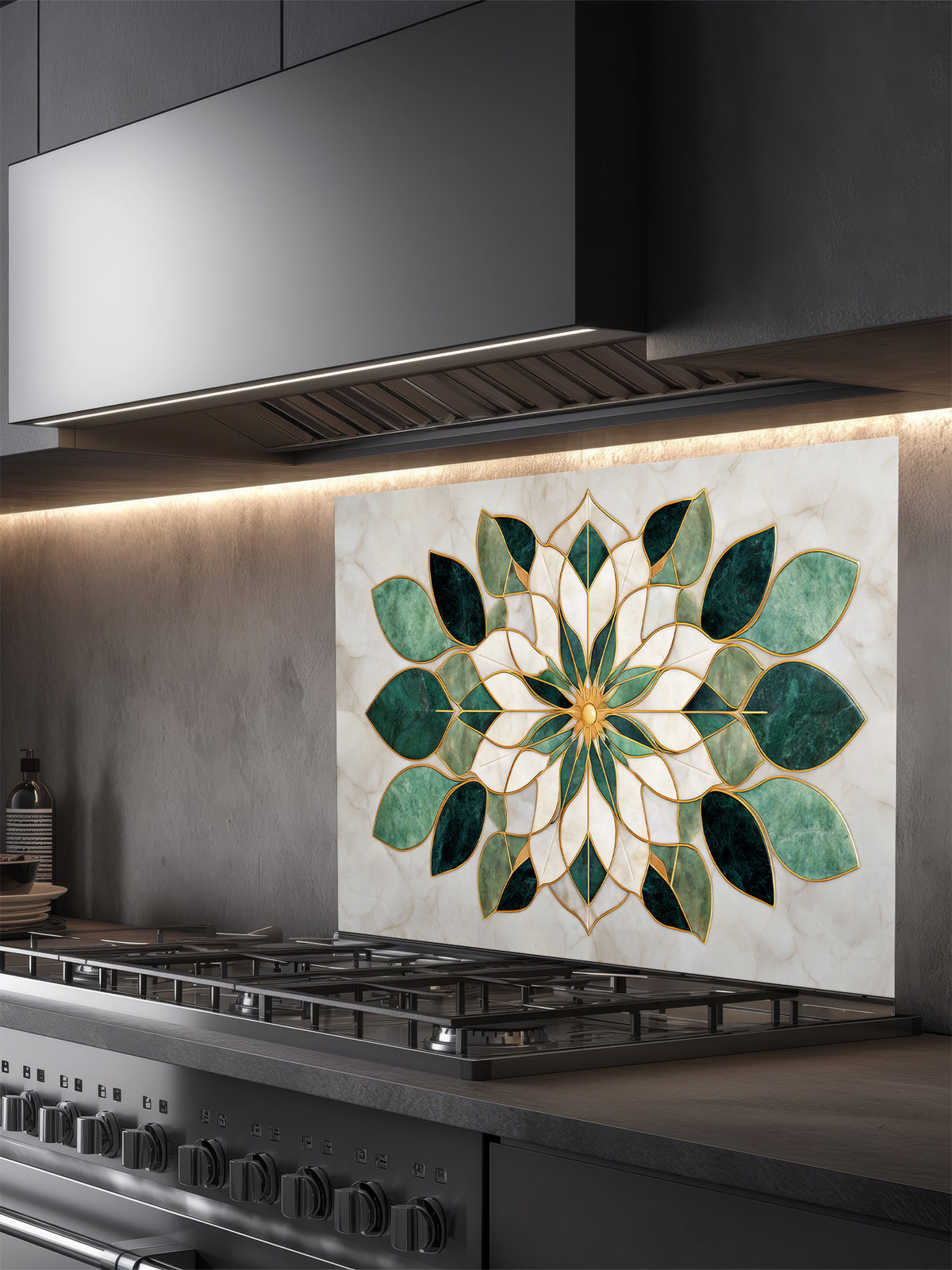 Tempered glass kitchen backsplash featuring a highly realistic 3D illusion of luxurious marble inlay art, showcasing a symmetrical geometric floral mandala or lotus pattern in emerald green and creamy white marble textures with faux gold metallic outlines, installed behind a modern black stove.