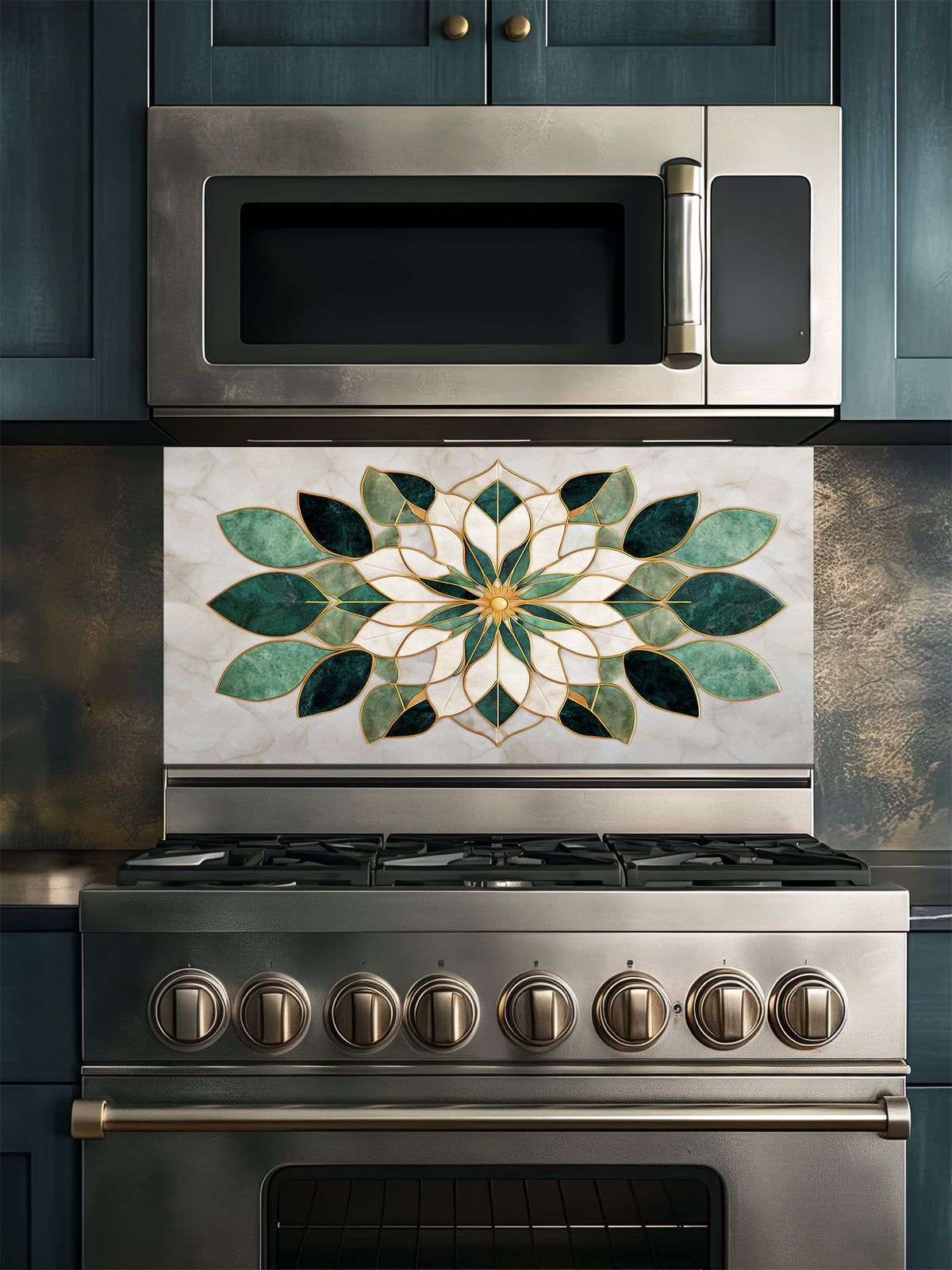 Tempered glass kitchen backsplash featuring a highly realistic 3D illusion of luxurious marble inlay art, showcasing a symmetrical geometric floral mandala or lotus pattern in emerald green and creamy white marble textures with faux gold metallic outlines, installed behind a modern black stove.