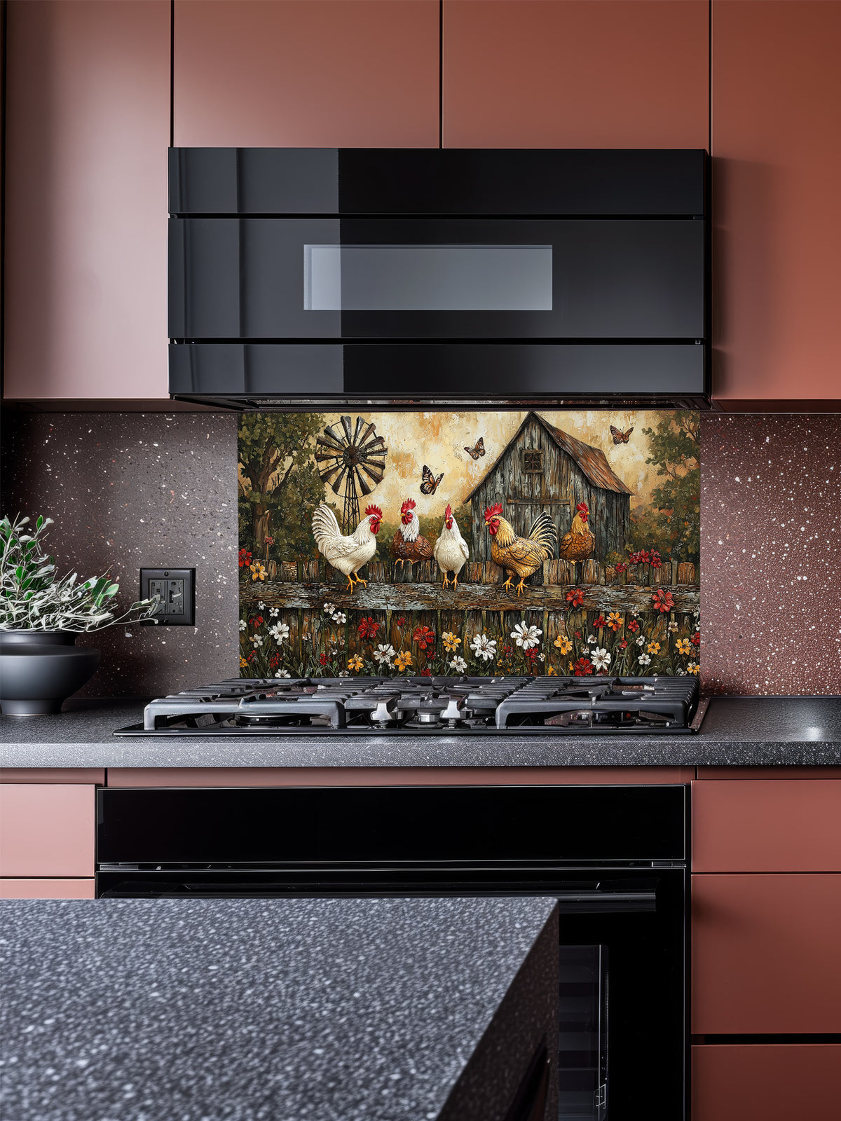 Tempered glass kitchen backsplash featuring a rustic painting of roosters and chickens perched on a wooden fence above colorful wildflowers, with a vintage barn and windmill in the background, installed behind a modern stainless steel stove.