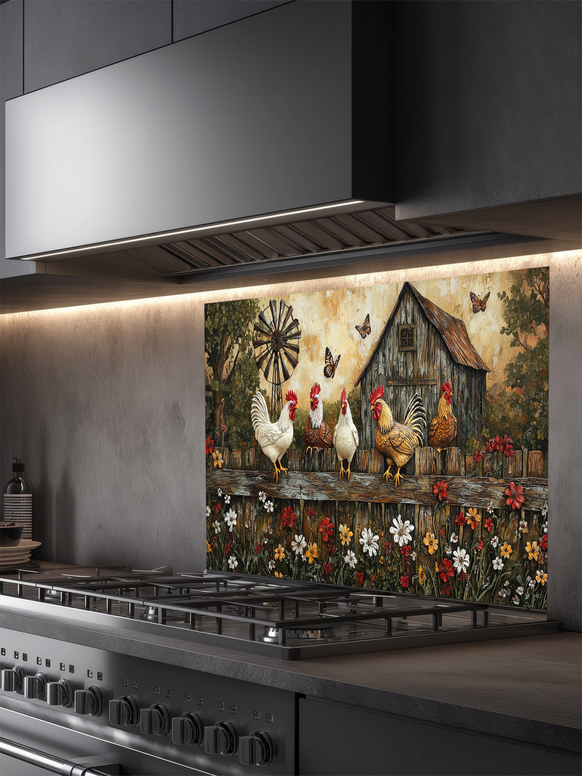 Tempered glass kitchen backsplash featuring a rustic painting of roosters and chickens perched on a wooden fence above colorful wildflowers, with a vintage barn and windmill in the background, installed behind a modern stainless steel stove.
