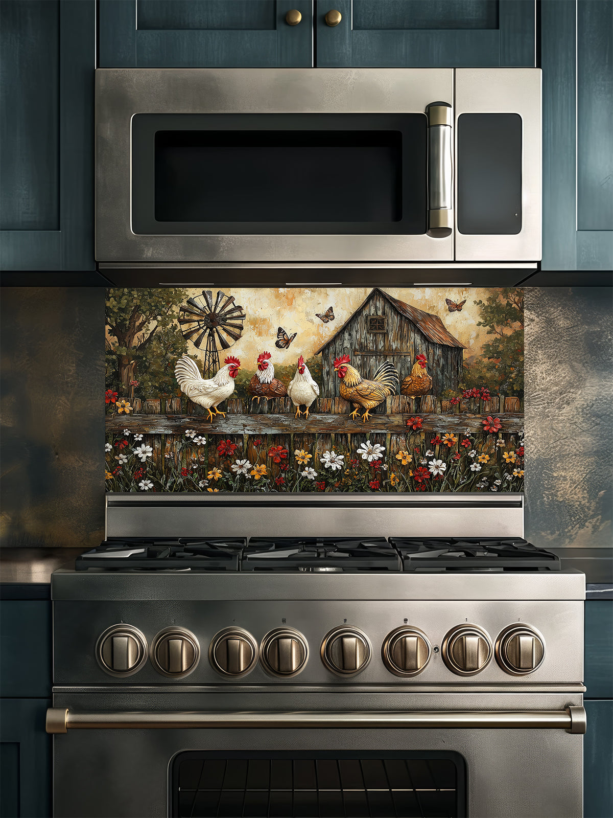 Tempered glass kitchen backsplash featuring a rustic painting of roosters and chickens perched on a wooden fence above colorful wildflowers, with a vintage barn and windmill in the background, installed behind a modern stainless steel stove.
