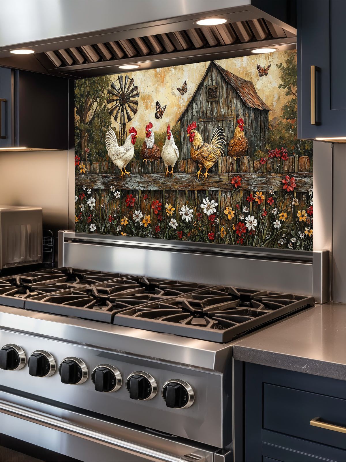 Tempered glass kitchen backsplash featuring a rustic painting of roosters and chickens perched on a wooden fence above colorful wildflowers, with a vintage barn and windmill in the background, installed behind a modern stainless steel stove.