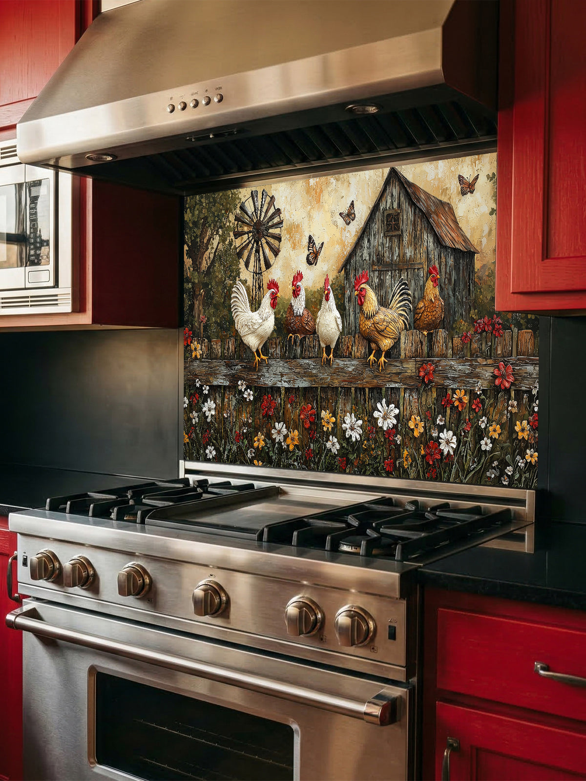 Tempered glass kitchen backsplash featuring a rustic painting of roosters and chickens perched on a wooden fence above colorful wildflowers, with a vintage barn and windmill in the background, installed behind a modern stainless steel stove.