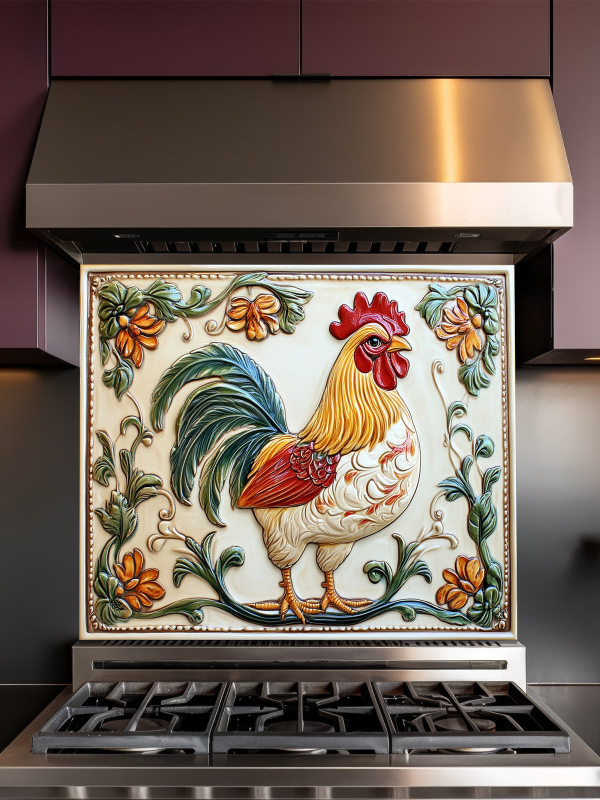 Decorative glass backsplash with a rooster design on a stove