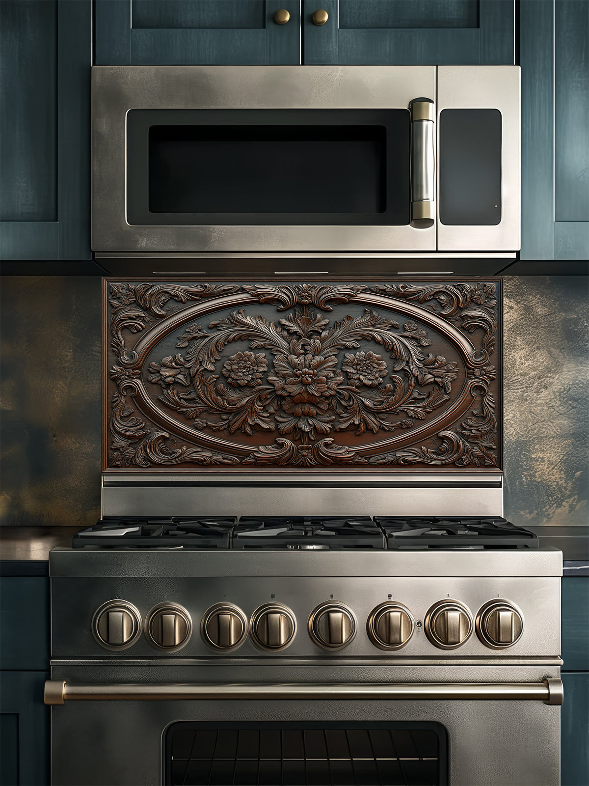 Faux 3D effect dark wood carved floral pattern in an ornate baroque frame, UV printed on a smooth tempered glass kitchen backsplash, installed behind a modern stove.