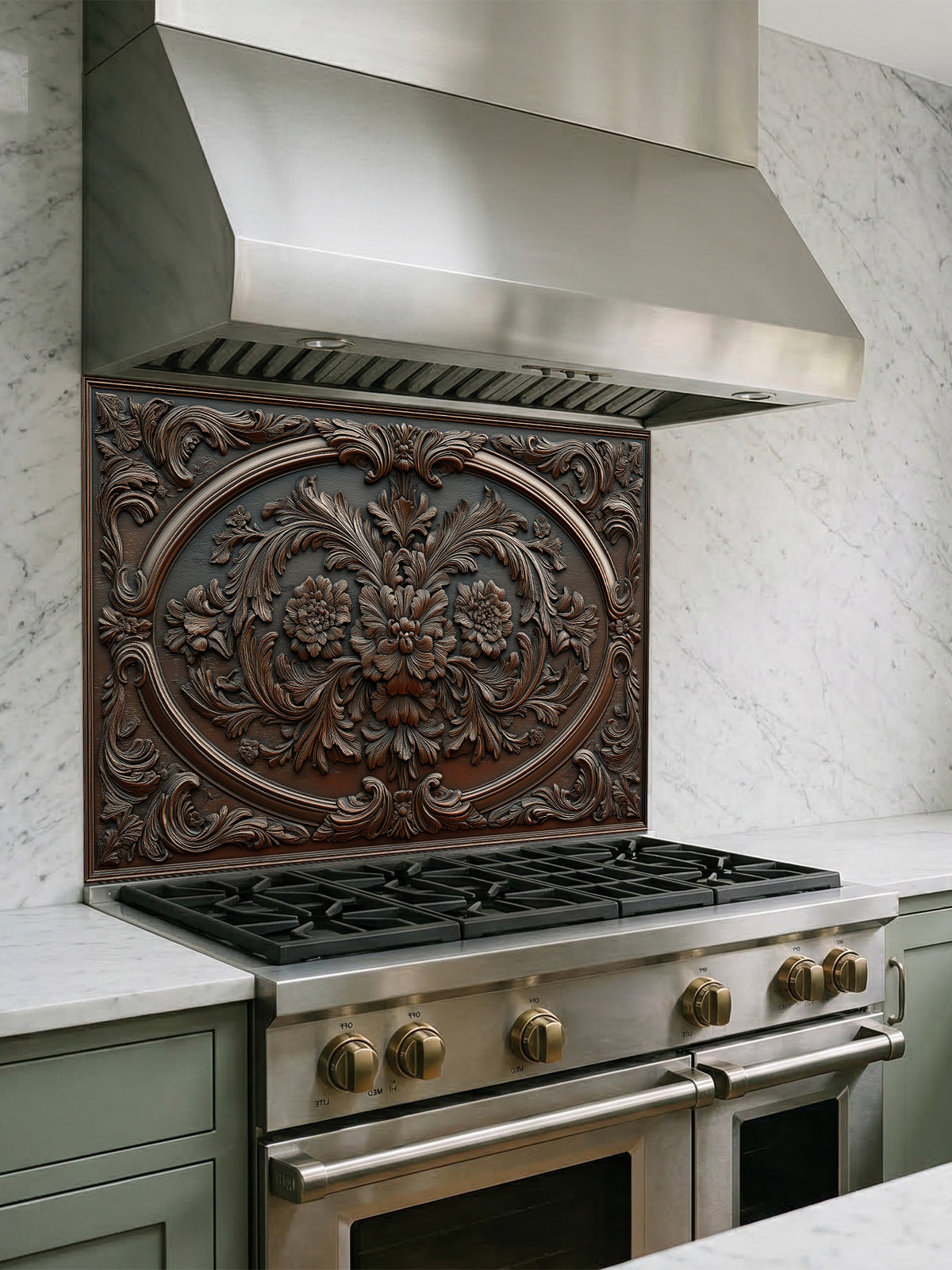 Faux 3D effect dark wood carved floral pattern in an ornate baroque frame, UV printed on a smooth tempered glass kitchen backsplash, installed behind a modern stove.